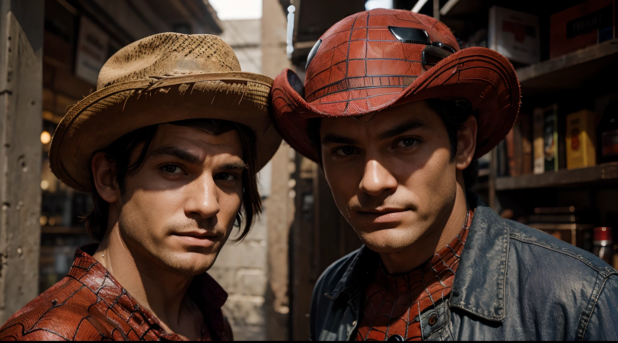 cowboy looking at camera spiderman standing behind