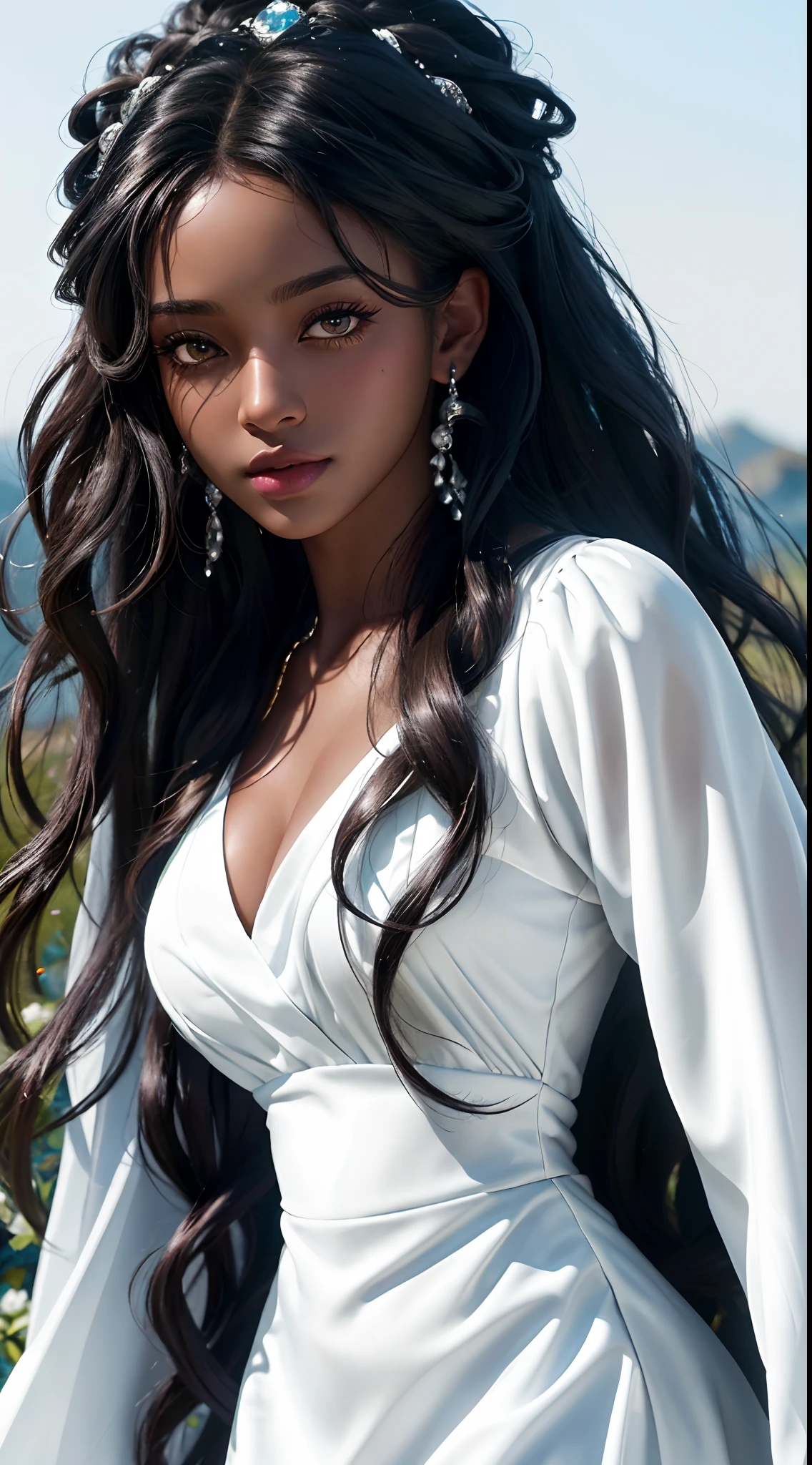 Closeup photo portrait of beautiful ebony teenager_woman as druid, dark makeup,long wavy hair, big perfect sparkling eyes, big perfect lips,, epic character composition, frontal view, atmospheric scene, masterpiece, best quality, (detailed beautiful face, detail skin texture, ultra-detailed body:1.1), diffused lighting, full body, perfect body, beautiful figure, dancing pose, ((wearing white dress))