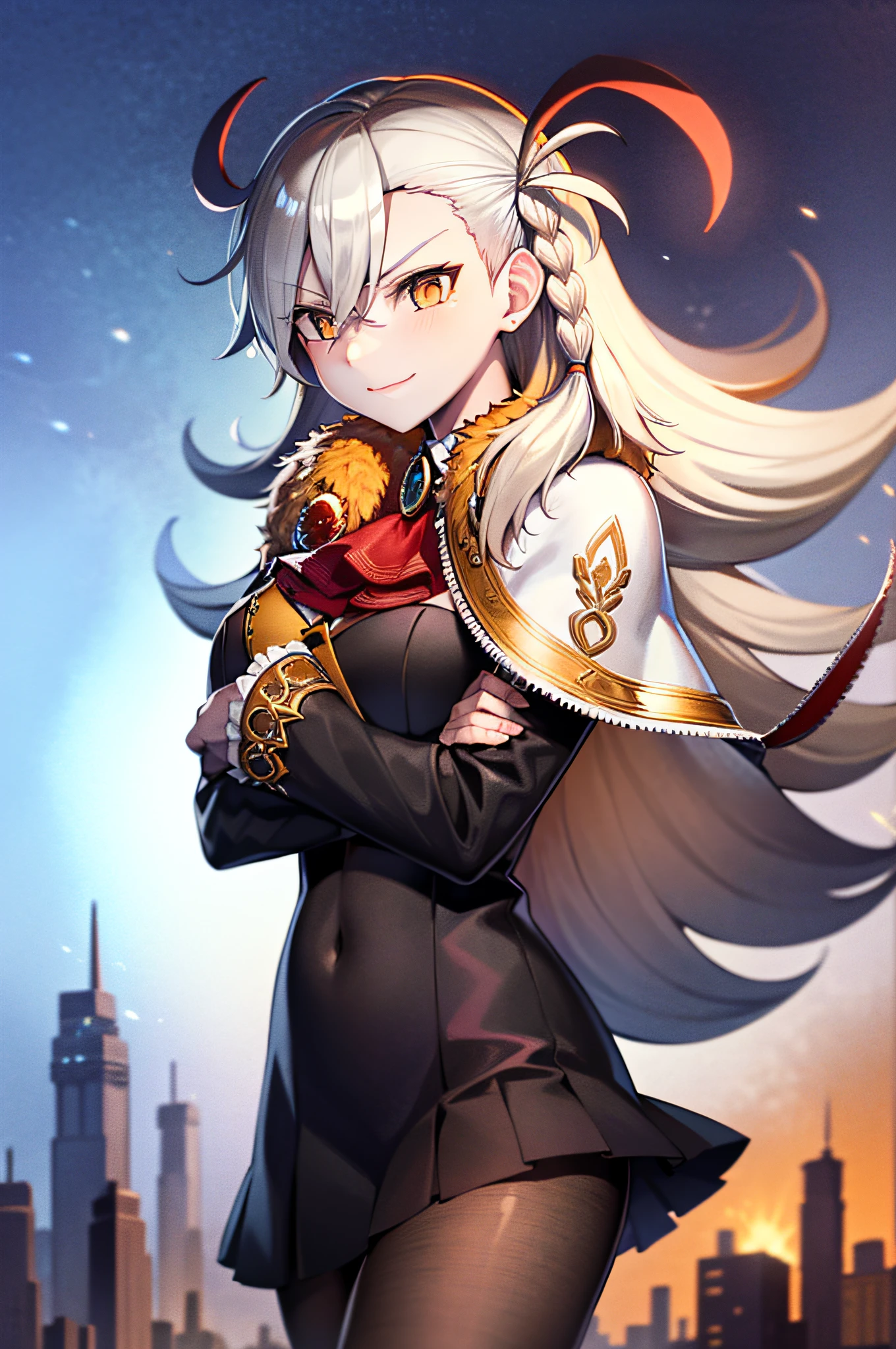 1woman, melhor qualidade, sozinha, DIG, cabelos longos, cabelos muito longos, olhos amarelos, messy hair, Black pantyhose, Olhando para o Viewer, de frente, frontal, vestido preto, olhos lindos, olhos bem desenhados, olhos de cores iguais, sorriso, 8k, Qualidade extrema, CG, Rosto detalhado+olho, (cores brilhantes), ray tracing, cinemactic,, Motor Unreal 5, cinemactic, profundidade de campo variada, elegante, Vivid traces, blush, pernas bonitas, sentada de frente, de frente para o viwer, pernas cruzadas, uniforme, sem luvas, Bare hands staring at me, corpo para frente, rosto para frente, olhando para o observador, folded arms, sorrindo, feliz