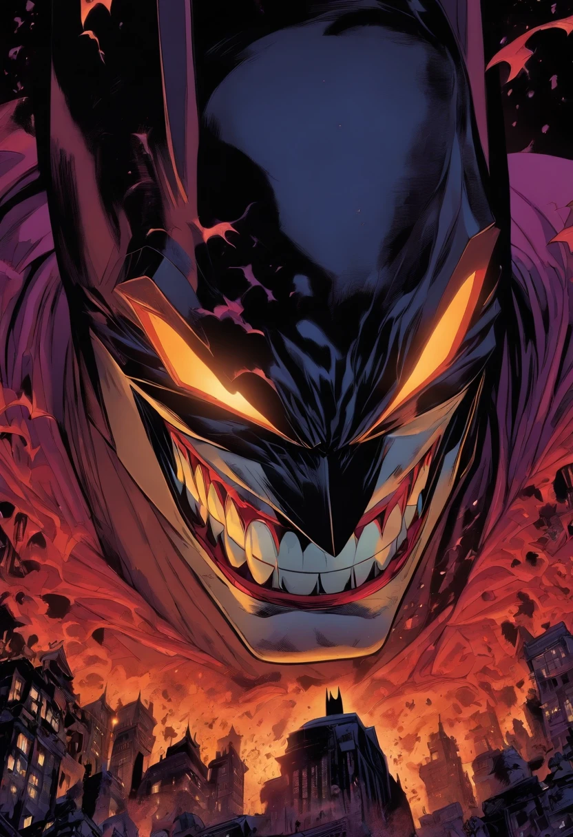 batman que ri, batman do mau, batman coringa, Its fangs appear while being sunburned, quadrinhos da marvel, illustration, mind-blowing illusions, arquitetura brutalismo, gotham brutalismo, gotham de fundo, flawless line work, made of mist, quadrinhos, selvagem e ousado, dente de ouro escuro e olhos vermelho, Figurinos detalhados, creepypasta, corpo inteiro intenso, capa de filme, qualidade de cinema, filme da dreamworks, qualidade profissional, tema sombrio, Batman Villain, 32k, 160 fps, ultra detalhado, Animation Shadows, Marvel Animated Movie Quality, batman dando um soco em um inimigo que cospe sangue