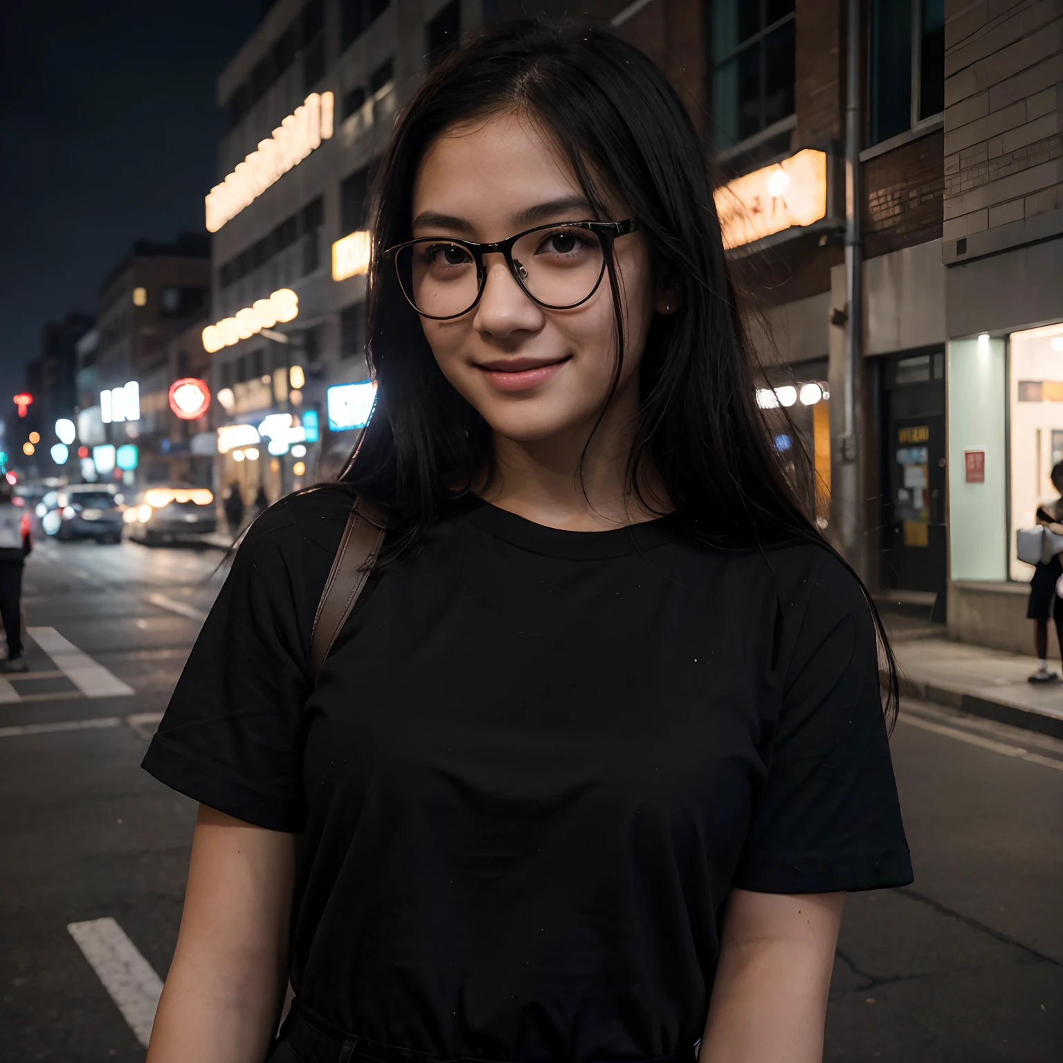 Very young female, half chinese, small slit-eyed, glasses, black hair, flawless white skin, long hair, photorealistic, best quality, hyper detailed, middle school student, beautiful woman, selfie photo, upper body, solo, wearing black clothes, smiling at city street, midnight photo, without makeup, school, looking at viewer, skin texture, film grain, close up, ultra high res, best shadow, RAW, instagram LUT
