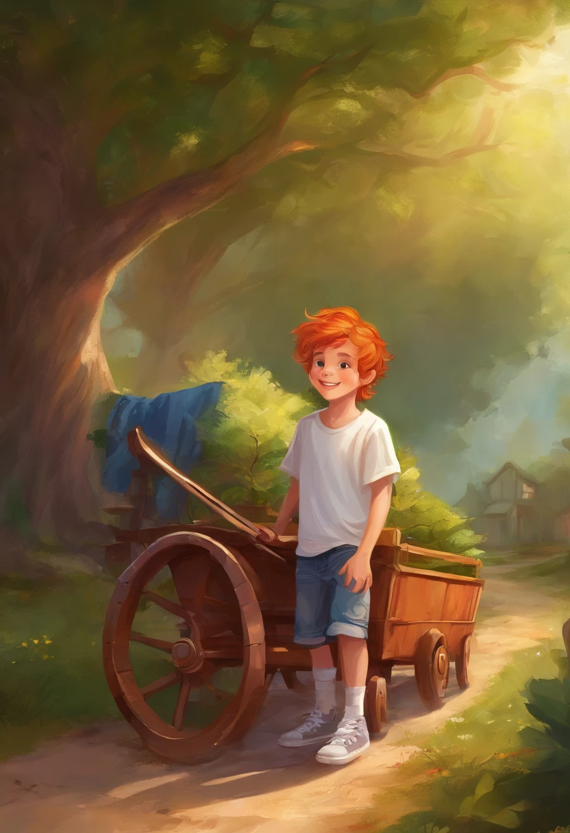 A seven year old boy with a shy smile, wearing jeans, white T-shirt, converse, tennis shoes, and a brown belt. He has red hair that is messy. Standing with a wagon in the backyard near a tree