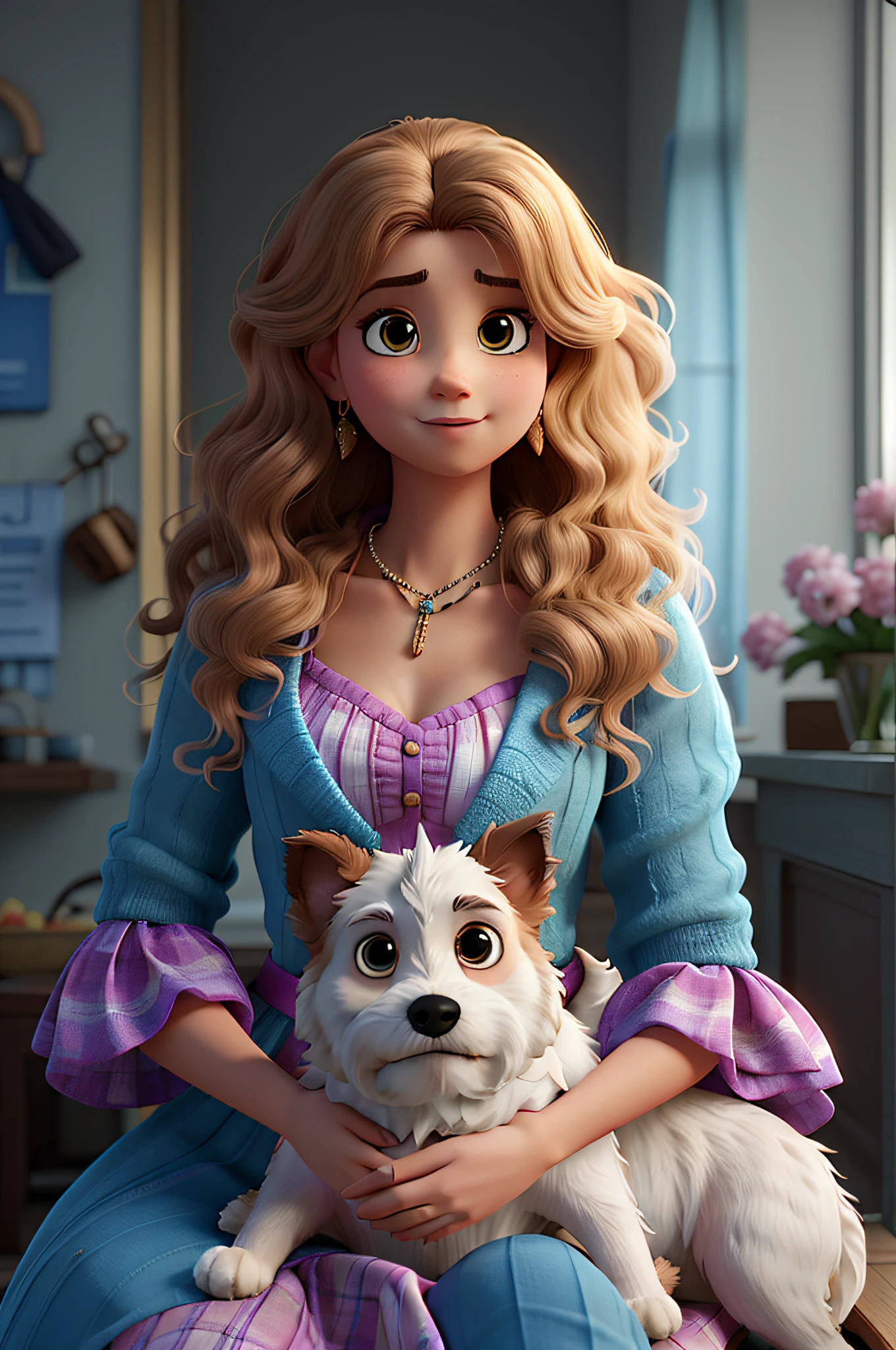 Beautiful woman holding a shitzu dog in Pixar style