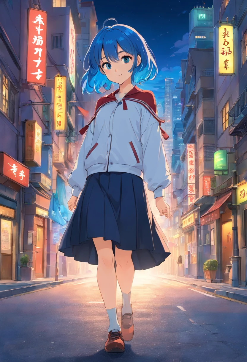 1girl, black_skirt, blue_hair, building, city, cityscape, hair_between_eyes, jacket, looking_at_viewer, medium_hair, multicolored_hair, multiple_boys, night, off_shoulder, outdoors, pleated_skirt, road, shirt, skirt, skyscraper, smile, solo_focus, street, white_shirt