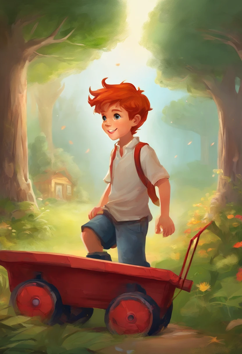 A seven year old boy with a shy smile, wearing jeans, white T-shirt, red converse, tennis shoes, and a brown belt. He has red hair that is messy. Standing with a wagon in the backyard near a tree