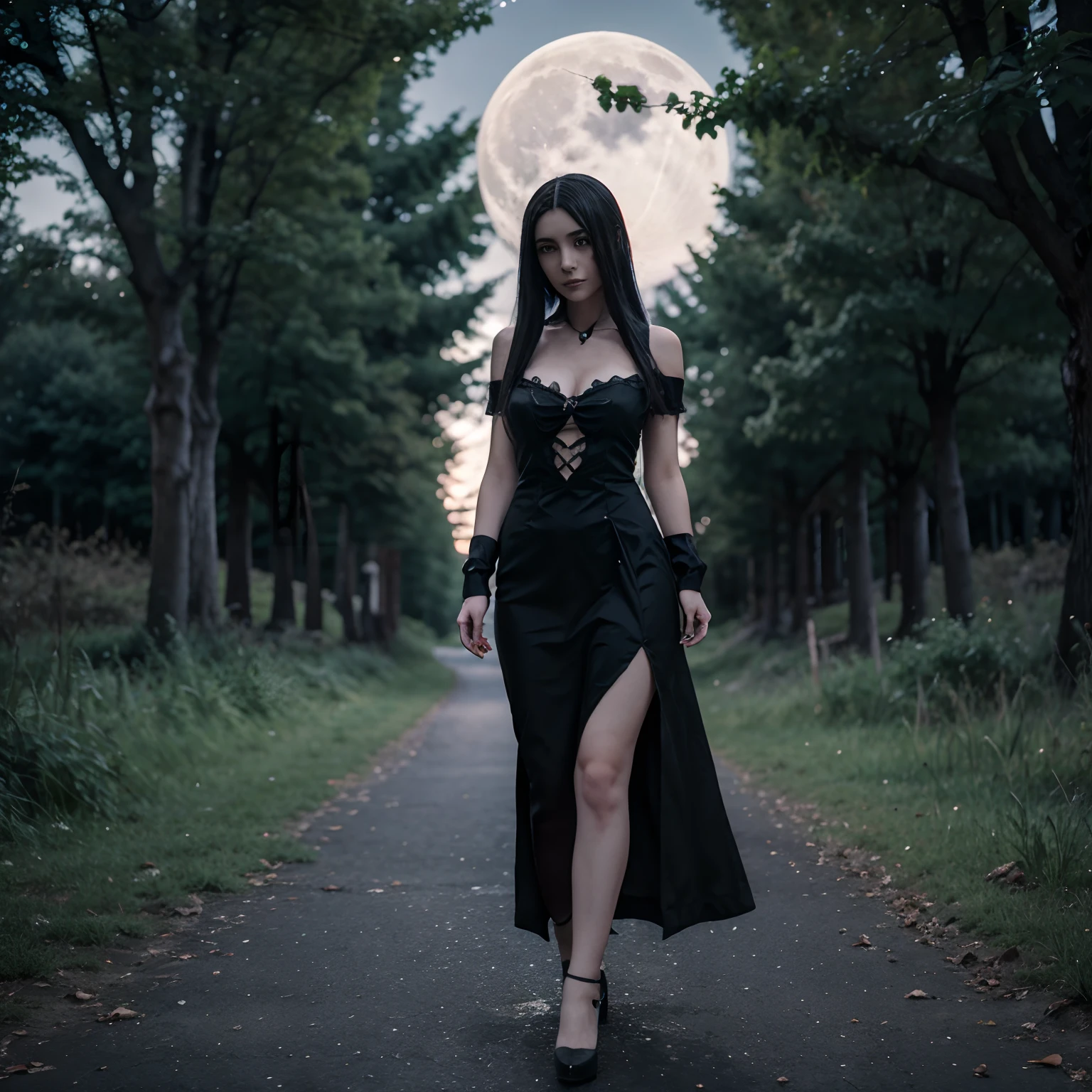 3d realistic anime style manga style girl vampire with gothic dress transparent, night, full moon, walking in the forest with a dark castle up in the coline.