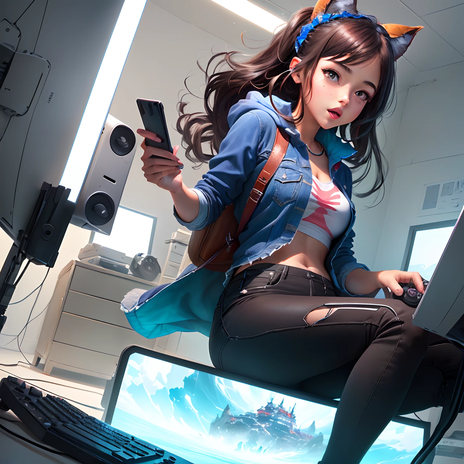 Create an image of a cartoon girl playing video game