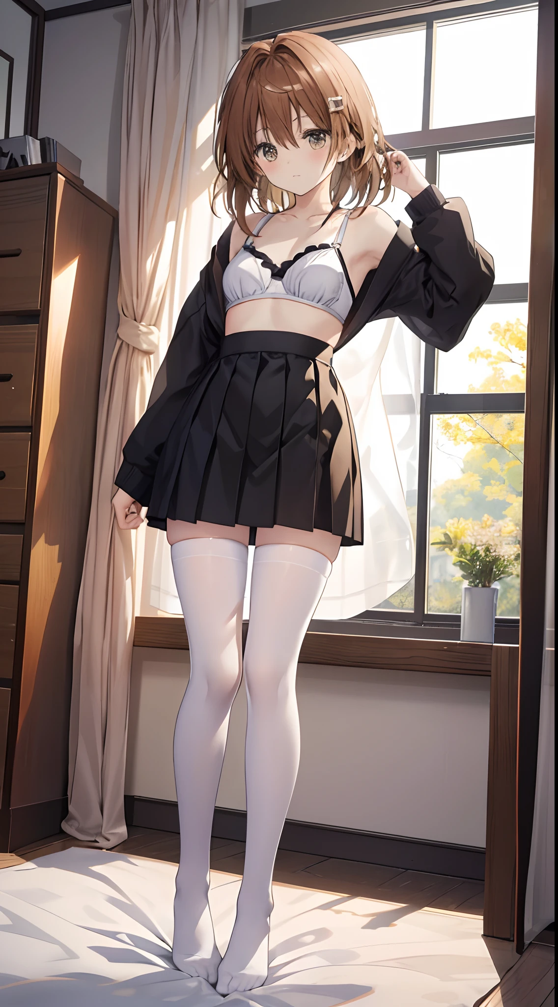 yuusaki riko、Riko Yuzaki、Mature and slender body shape１Japan of people１８Year old girl、Long brown hair、Full body from head to leg、Composition from slightly below、small tits、Underwear、White bra、white  panties、Black pantyhose、(Black_pantyhose):1.2)、Show white panties through stockings、No shoes、Bedrooms、inside in room、during daytime、blushing、looking at the viewers、Standing facing the front、Facing the front、Composition from the front、watching at viewers、Slender feet、Slender thighs、Slim toes