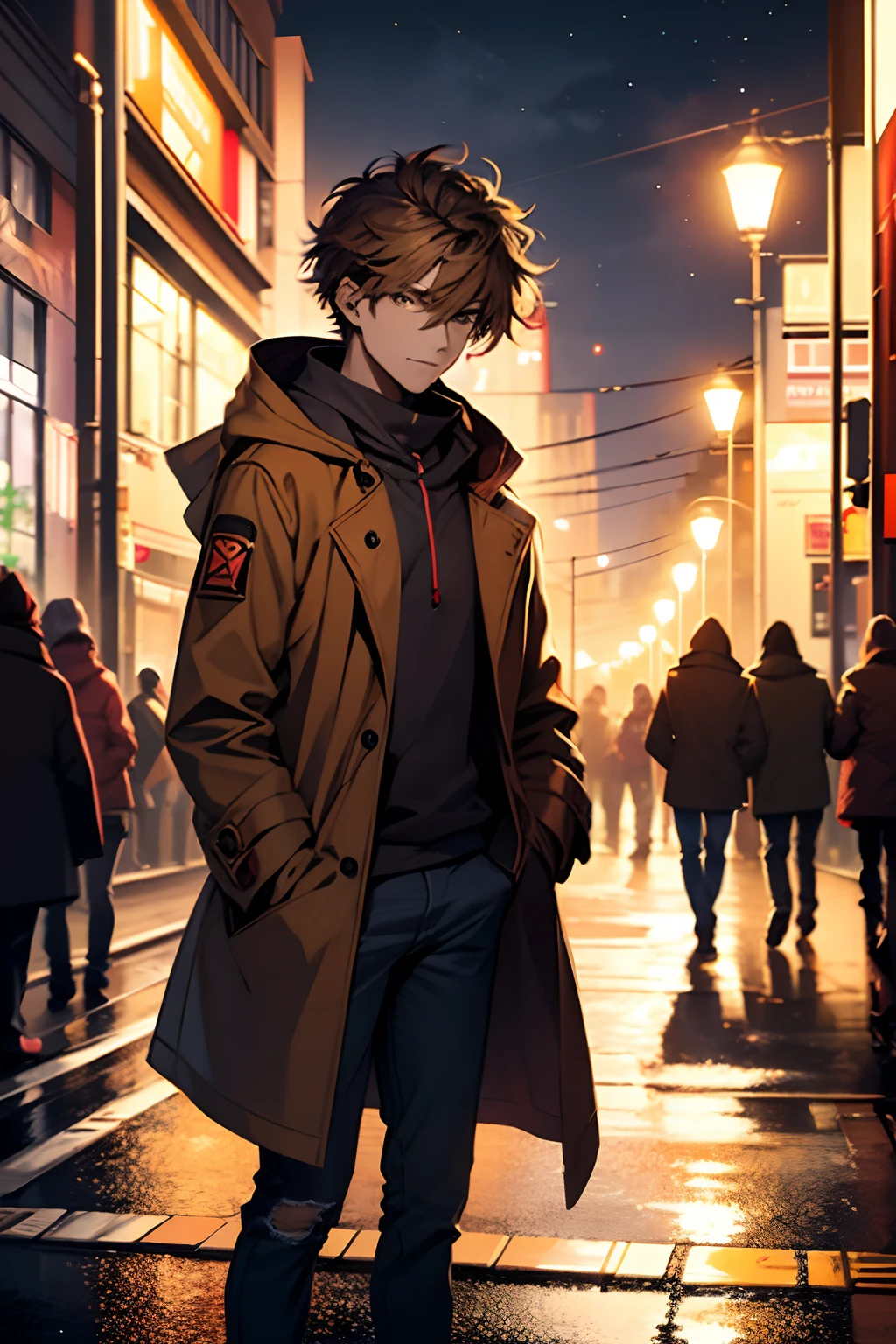 young man, 20 years old, medium hair, light brown hair, red and yellow coat, hoodcoat, jeans in London, on the streets, Night, 4k,European lampposts in the background, Highlights, 4k,