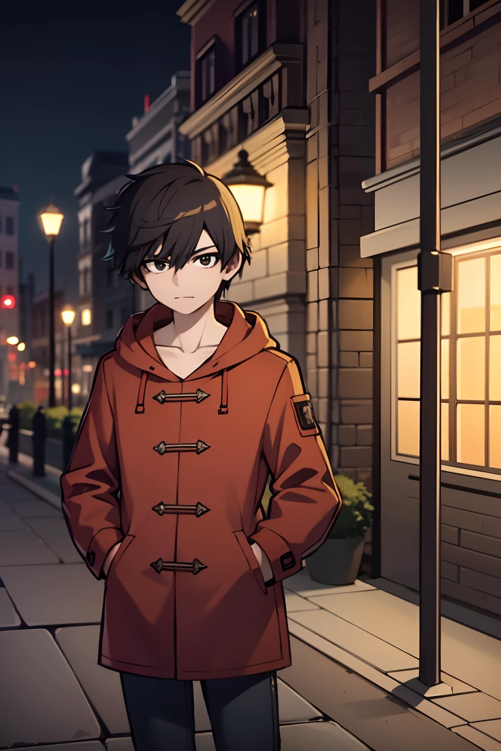 young man, 20 years old, medium hair, light brown hair, red and yellow coat, hoodcoat, jeans in London, on the streets, Night, 4k,European lampposts in the background, Highlights, 4k,