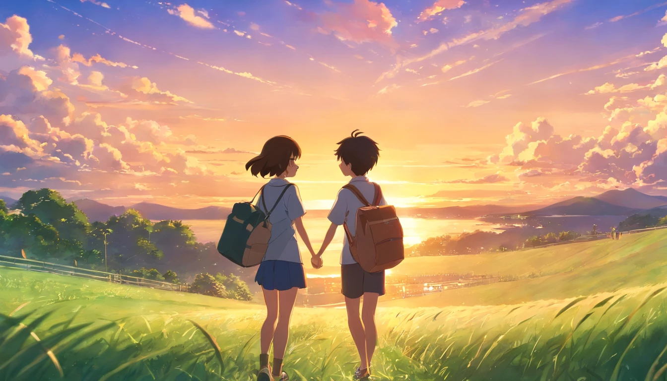 A boy & girl looking each other with bag on their shoulders, best quality, movie still, clouds floating in the sky, , bright, happy, warm soft lighting, sunset,green grassground, Beautyful sky