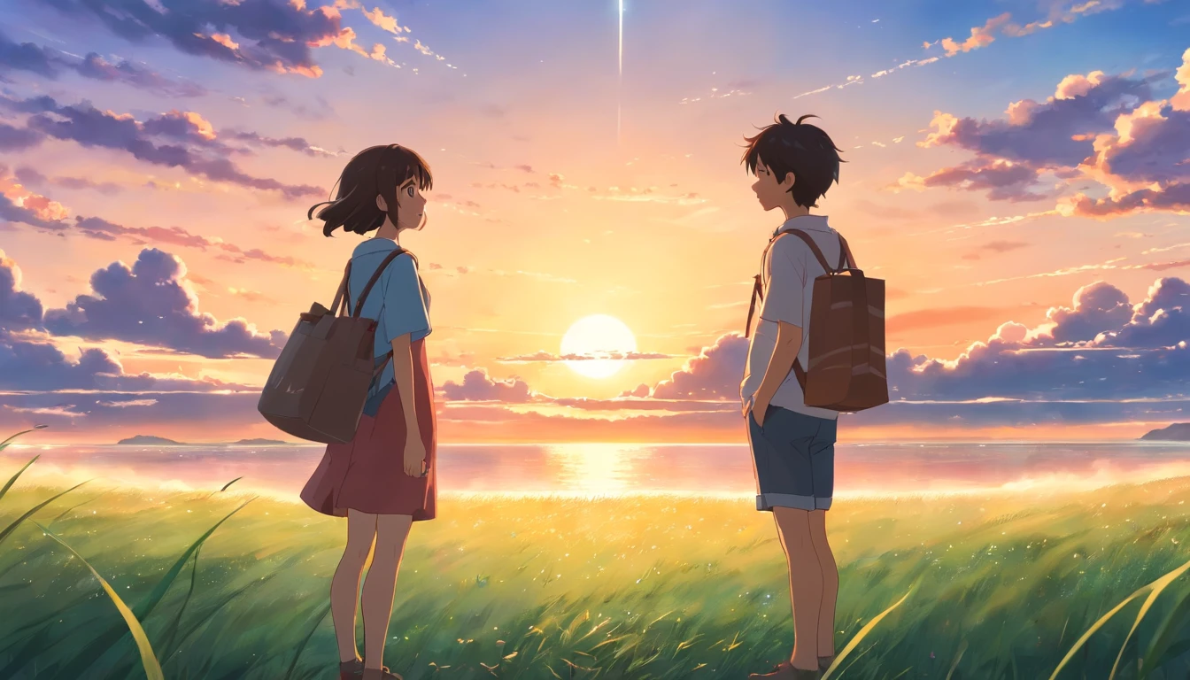 A boy & girl looking each other with bag on their shoulders, best quality, movie still, clouds floating in the sky, , bright, happy, warm soft lighting, sunset,green grassground, Beautyful sky