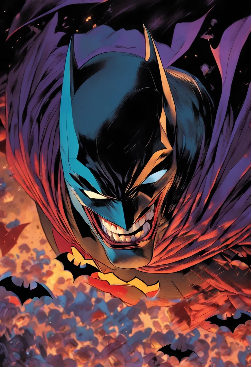 batman que ri, batman do mau, batman coringa,  Its fangs appear while being sunburned, quadrinhos da marvel, illustration, mind-blowing illusions, arquitetura brutalismo, gotham brutalismo, gotham de fundo, flawless line work, made of mist, quadrinhos, selvagem e ousado, dente de ouro escuro e olhos vermelho, Figurinos detalhados, creepypasta, corpo inteiro intenso, capa de filme, qualidade de cinema, filme da dreamworks, qualidade profissional, tema sombrio, Batman Villain, 32k, 160 fps, ultra detalhado, Animation Shadows, Marvel Animated Movie Quality, batman dando um soco em um inimigo que cospe sangue, rosto detalhado, rosto bem desenhado, quadrinho, sten lee