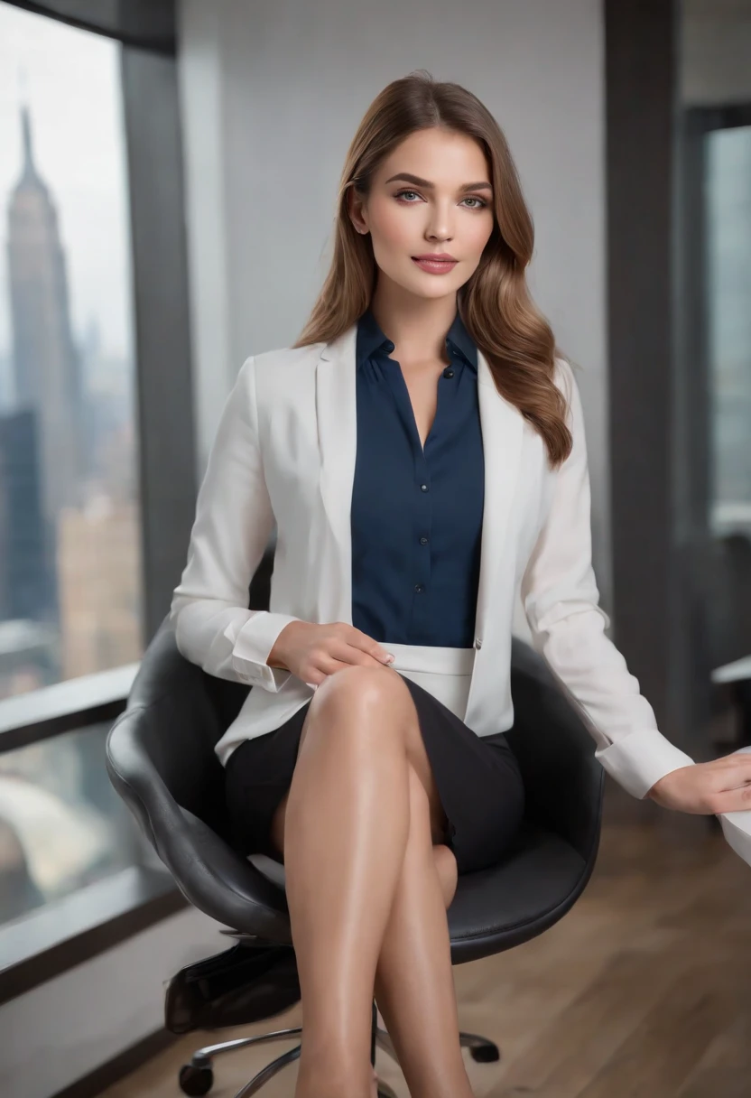 (best quality,4k,8k,highres,masterpiece:1.2),ultra-detailed,(realistic,photorealistic,photo-realistic:1.37),professional,vivid colors,bokeh,portrait,studio lighting,beautiful blonde girl,blue eyes,perfectly applied makeup,immaculate skin,long flowing hair,confident smile,fashionable workwear,elegant black blazer,white dress shirt,form-fitting pencil skirt,black pantyhoses,shiny high-heels,high-end leather handbag,luxurious office space,modern glass desk,comfortable leather chair,state-of-the-art computer setup,meticulously organized documents,floor-to-ceiling windows offering breathtaking views of the city skyline,soft natural lighting enhancing the girl's beauty,subtle warm color tones,immaculate attention to detail,captivating composition,graceful pose and body language,conveys professionalism and confidence,subtle reflections and shadows adding depth to the image,meticulously painted textures and fabrics,realistic rendering of glossy surfaces,sharp focus highlighting every intricate detail,impeccable craftsmanship,effortlessly stylish,empowering women in the workplace,balancing femininity and professionalism.