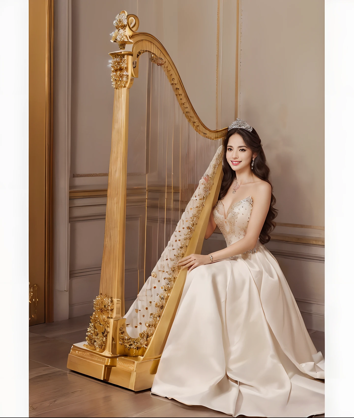 (((Perfect Harp,Playing the harp,Straight and precise strings,How to play the harp correctly,Perfect detail of the harp,Expensive VIP room in a gorgeous royal family, ))),((Half Japan and half Spanish, 25-years old,Perfect face,A slender,Breasts are big,beautiful tiara,Tiara and jewelry,Sparkling tiara,Luxury beyond imagination,Inside the Royal Palace,Princess,Princess Dresses,Jeweled dresses,Bejeweled dresses,glitter dress,)),((Turn to this,View here,Play gracefully,Perfect fingers,perfect arms,A beautiful smile is staring at me,Graceful and beautiful)),((细致背景,top-quality,The ultra -The high-definition,Perfect Anatomy,high-definition RAW color photography,professional photograpy, extremely delicate and beautiful, Extremely detailed,finely detail, Huge file size,Top image quality,8K,Photos taken with a single-lens reflex camera,Award-Winning Works,masutepiece))