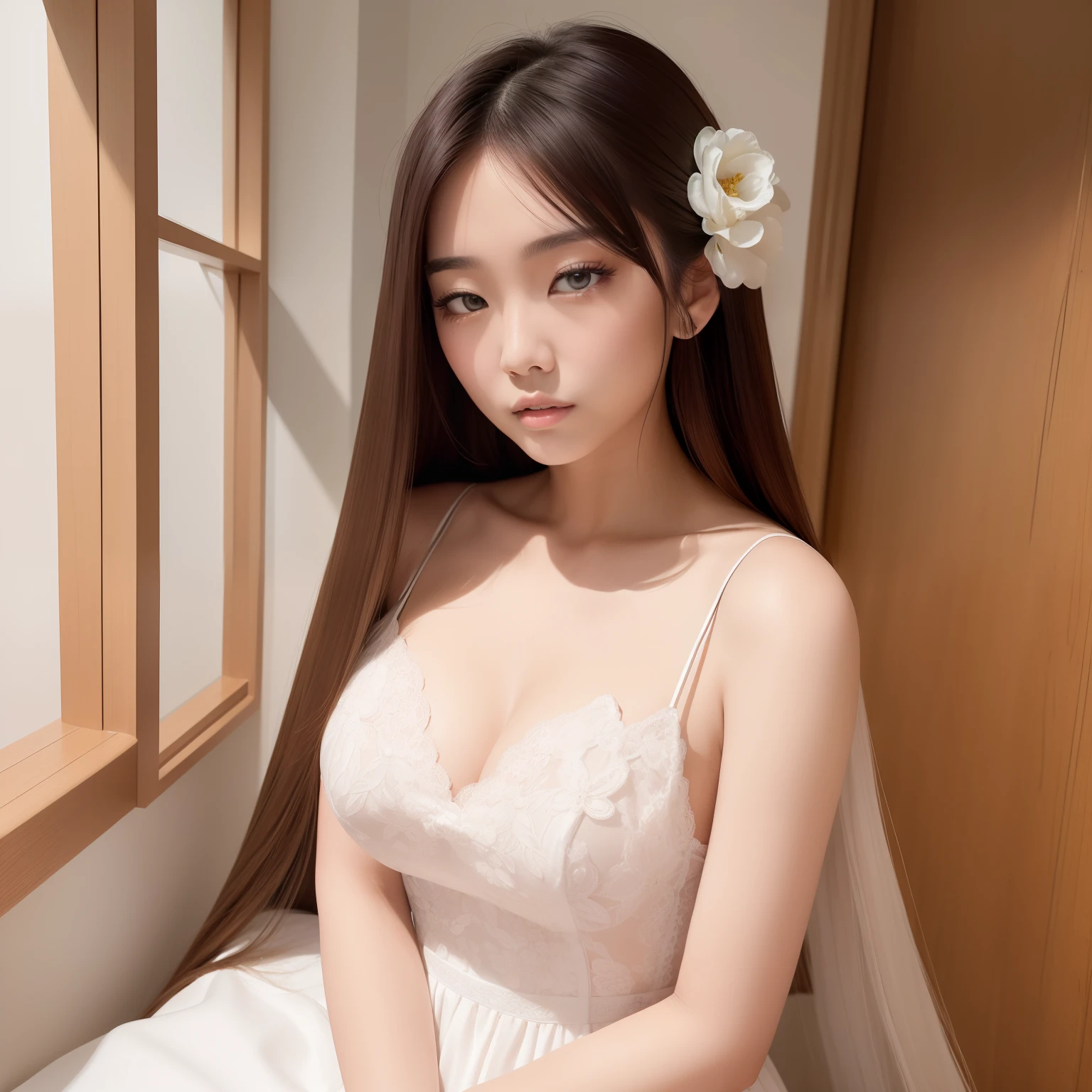 (masterpiece, best quality, ultra high res, beautiful detailed hair detailed face, perfect feminine face), there is a woman with long hair and a white dress, an asian woman, asian girl, a young asian woman, south east asian with round face, asian female, beautiful asian girl