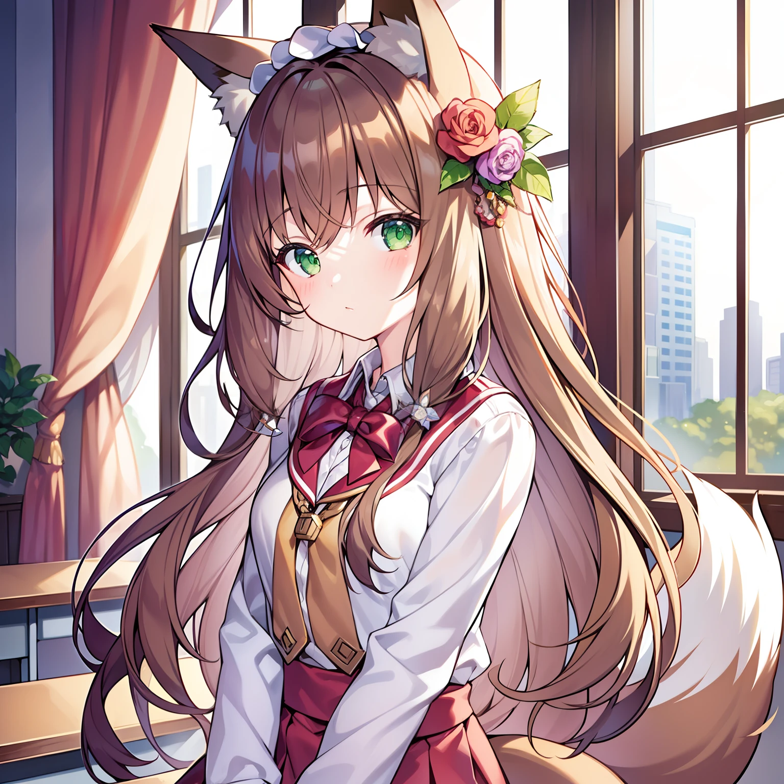 tmasterpiece,best qualtiy,A high resolution,1girll, Solo, (8K wallpaper), (Long brown hair),(Huge fox tail:1.2),Green eyes,Small flower headdress,16-year-old girl_C cup,Modern architecture,In a high school classroom_The girl listened intently to the lesson,Wear a high school uniform,Student seats sitting by the window,Close-up of upper body,