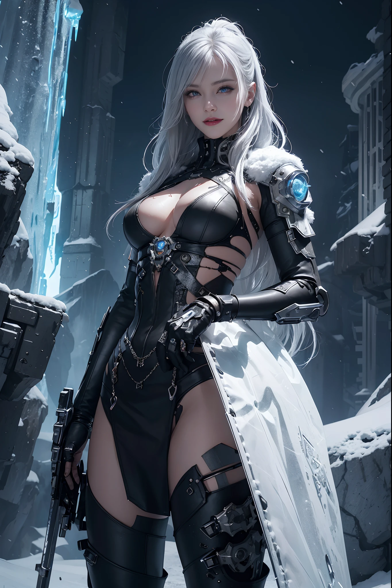 Cyberpunk, mechanical, broken, there is a picture of a very large iceberg, cyberpunk, mechanical, broken, with a lot of snow, dungeon background, icicle background, arena background, game background, dark dark cave background,a female warrior standing up,hands up in the sky,((smile:1)),silver hair,red lips,back view,((close camera))