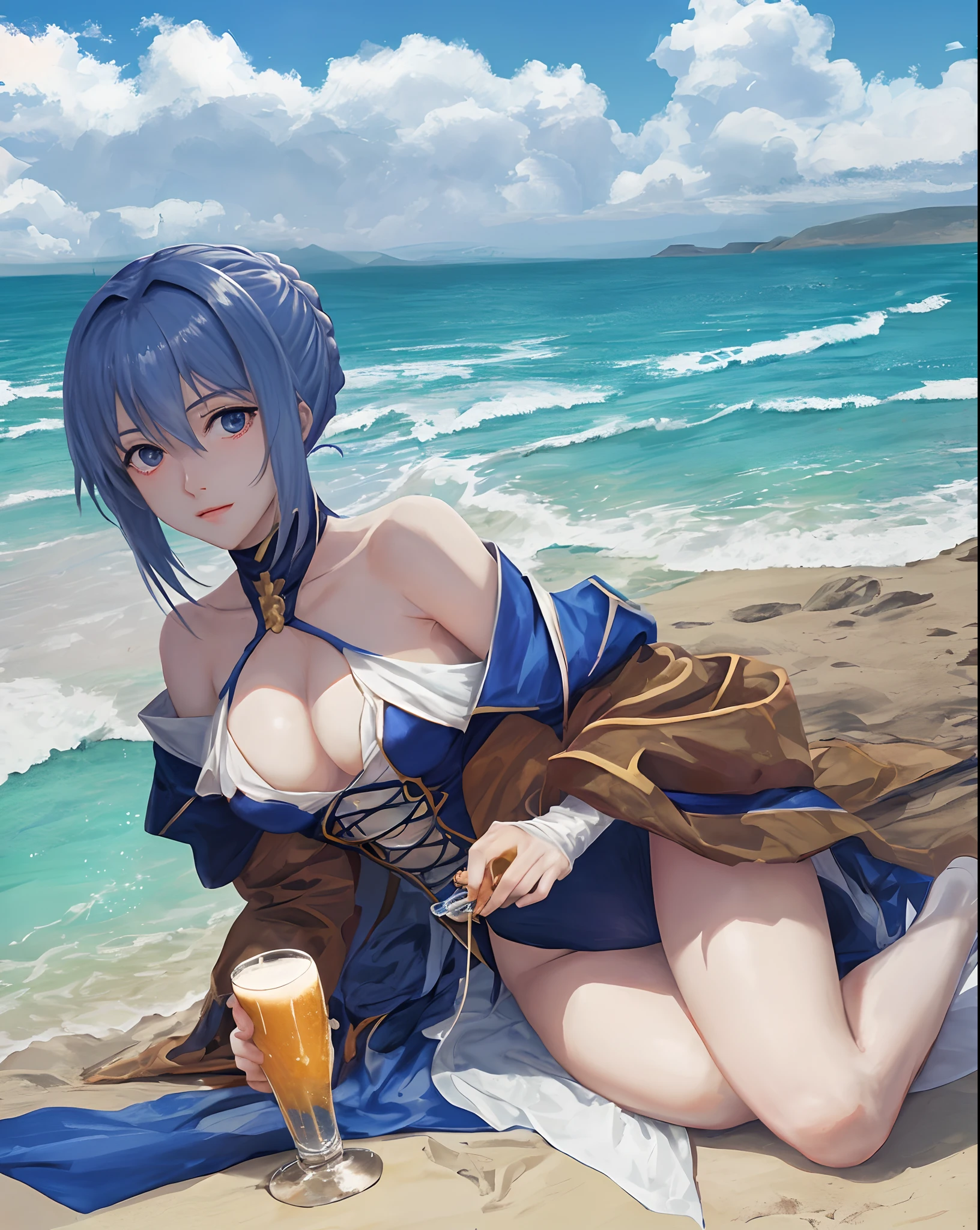 Artoria Pendragon do anime Fate Stay Night tomando uma cerveja na praia em cima de um quadriciclo