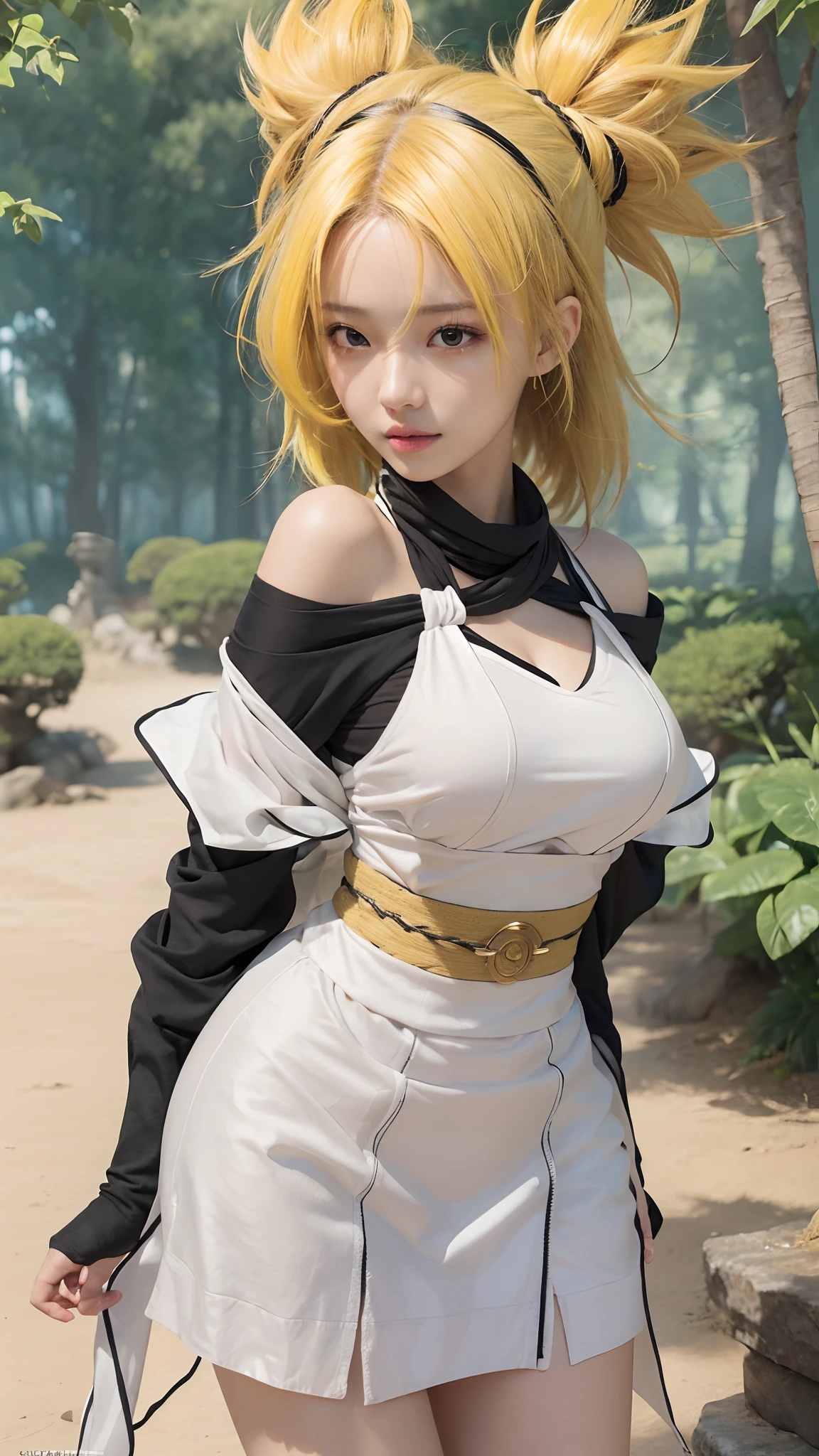 best quality, masterpiece, (photorealistic:1.4), 1girl, raw, ultra hd, dramatical light, glowing skin, temari, black scarf, japanesse girl, yellow hair