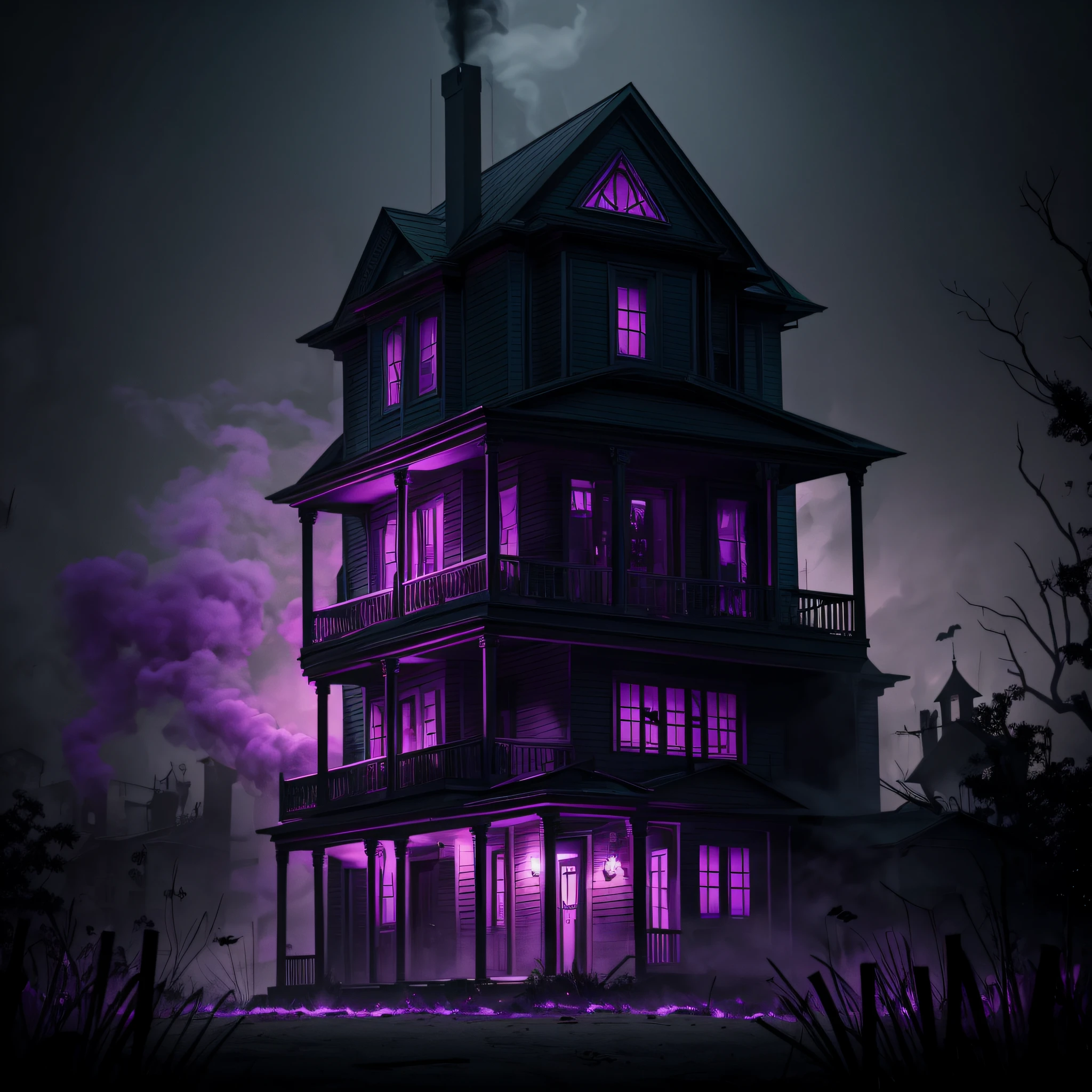 halloween invitation, house, background only, pattern, horror elements, the purge, neon, black, dark, purple, no text, no figure, smoke, mysterious, far away