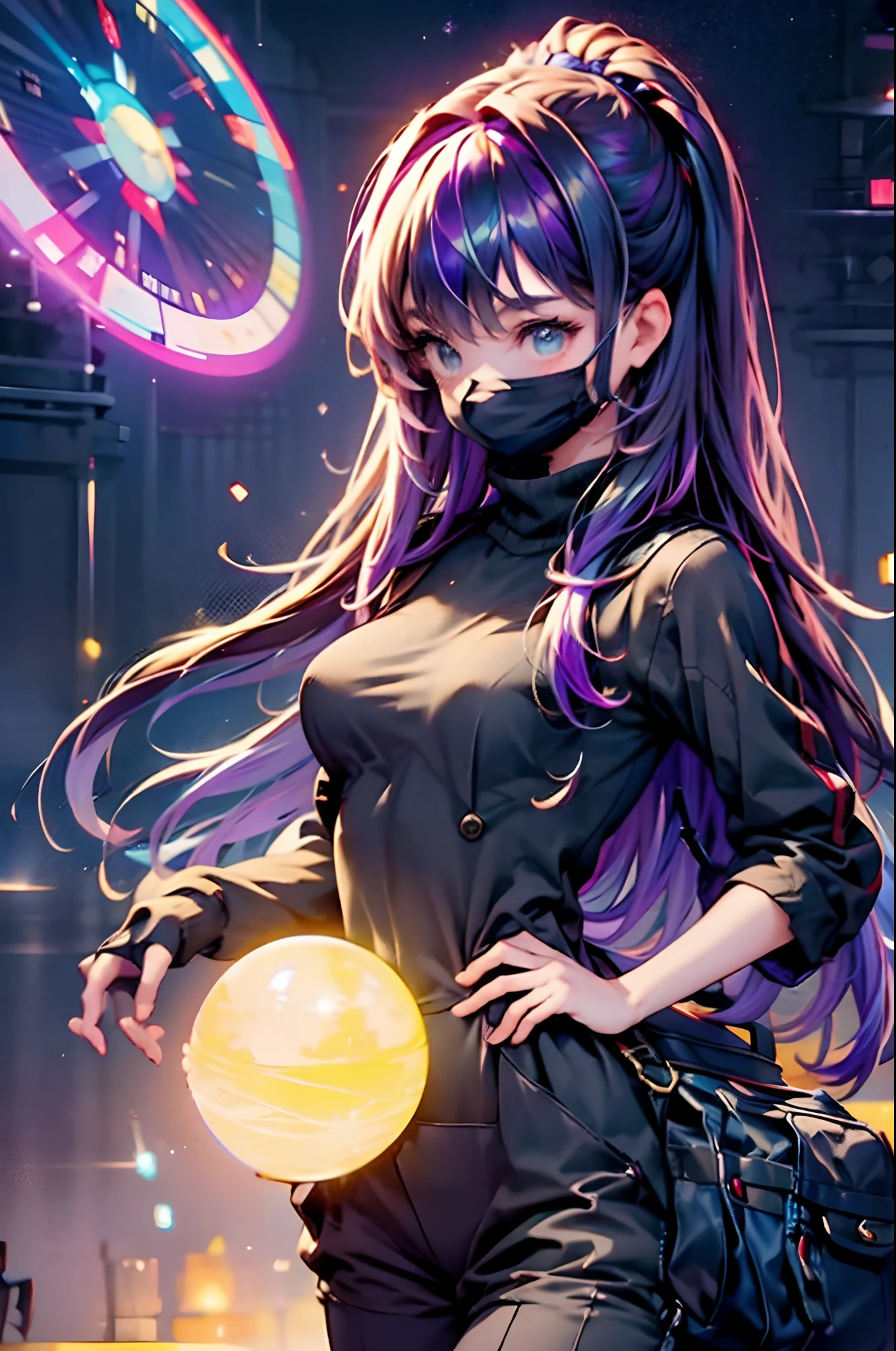 Masterpiece, best quality, nsfw, 1girl, with long flowing iridescent hair in shades of purple, blue, and green, wearing a sleek black bodysuit and facemask, standing in a dramatic pose with one hand on her hip and the other holding a glowing, magical crystal ball. In the background, a swirling vortex of light and energy adds to the mysterious and enchanting atmosphere of the scene. glow hair, multicolor hair