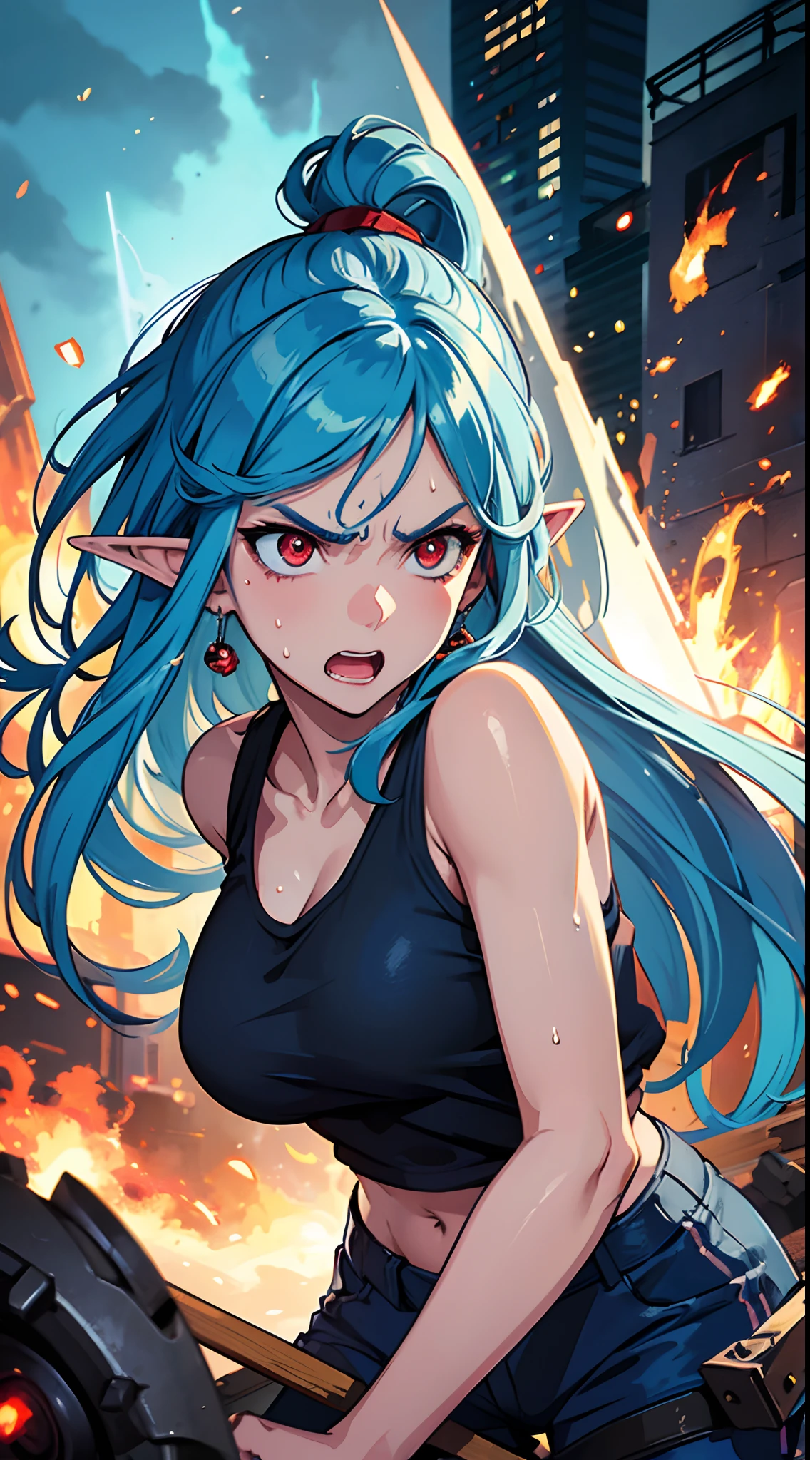A female elf with blue hair, red eye, Wearing tree earring, Wearing sweaty tank top, Burning City Background, Angry Emotion mood, Angry, Spell Ice Greatsword, detailed eyes, detailed face,very detailed, High Detail.