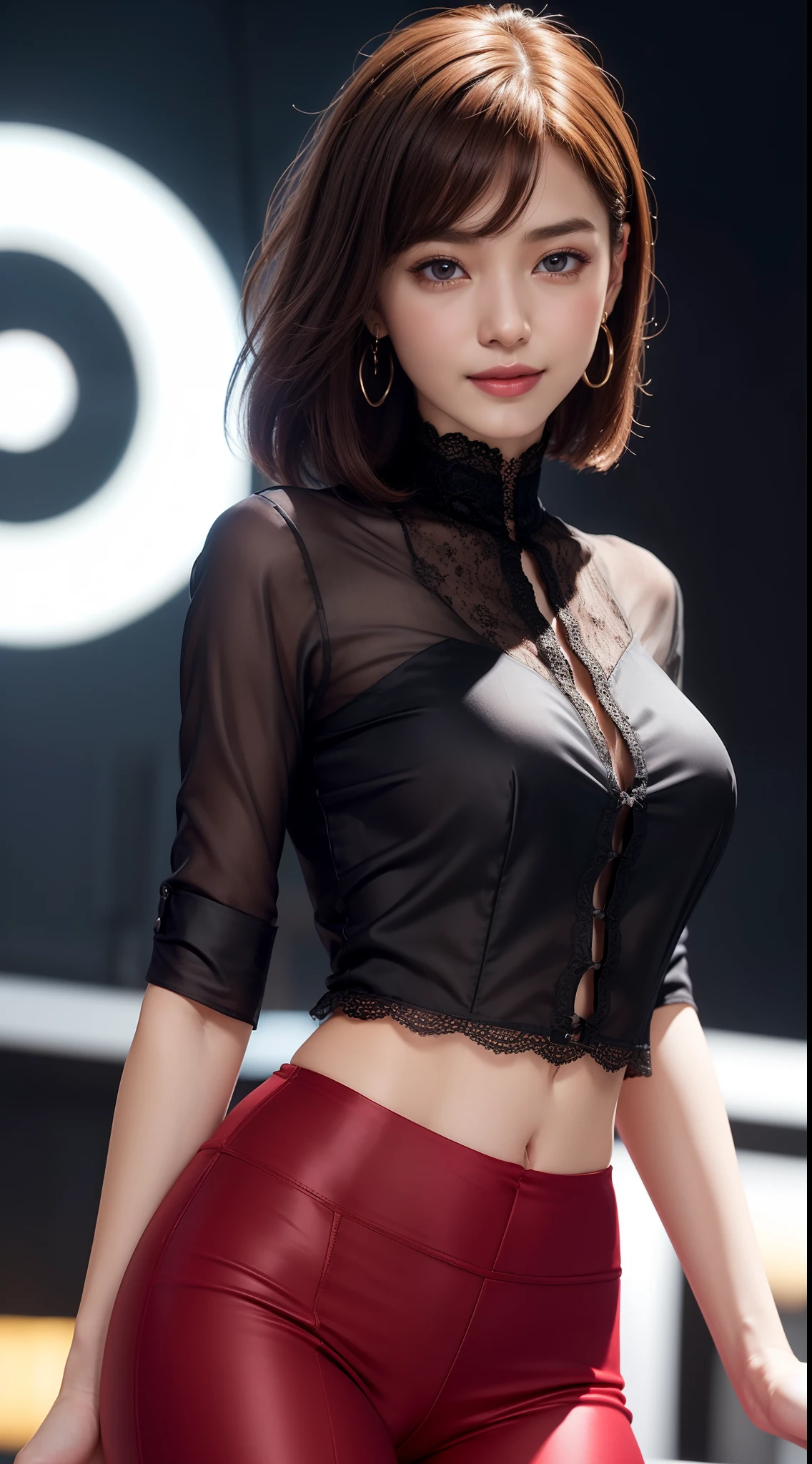 8k, masterpiece, RAW photo, best quality, photorealistic, extremely detailed CG unity 8k wallpaper, Depth of field, Cinematic Light, Lens Flare, Ray tracing, (extremely beautiful face, beautiful lips, beautiful eyes), intricate detail face, ((ultra detailed skin)) 1girl, in the dark, deep shadow, pretty Asian girl, idol, 1 girl, (very slim slender fit-muscled body:1.3), ((looking at viewer)),(big smile:1.3), (tight laced blouse), (short sleeve) , (city night, dark night, (neon sign), (blurred background), dim lights, cityscape, rooftops, beautiful earrings, bracelets, necklace, clear eyes, (pale skin), (big eyes), face forward, ((upper body shot)), (black, red silk pants),(brown hairs), (silk blouse), laced jacket , (looking at viewer:1.3), open breast, (very slim), medium breasts, (see through),((flooming laced)), (camel toe),  short hair, laced blouses, thick thighs, medium butt, red pants