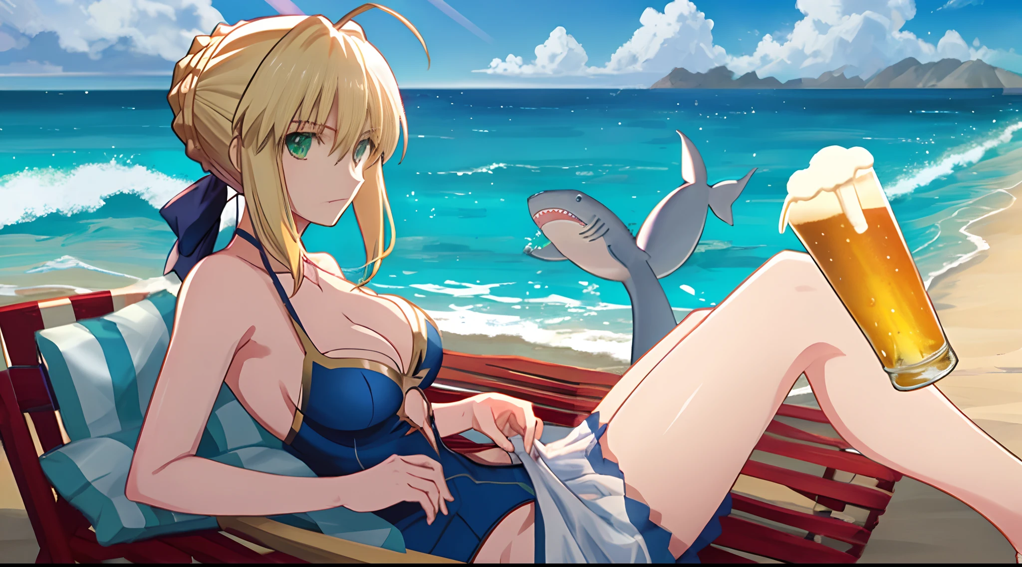 Artoria Pendragon from the anime Fate Stay Night having a beer on the beach with a shark in the background