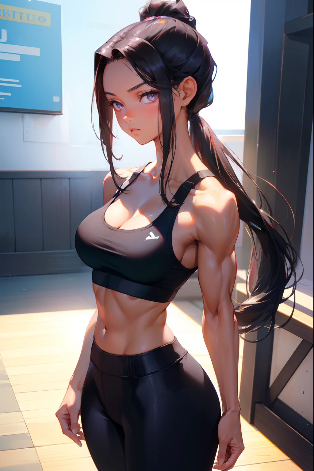 (best quality, highres, photorealistic:1.37), beautiful young woman, long black hair tied in high ponytail, parted bangs, large forehead, large reddish violet eyes, retro anime, old anime, tan, tan skin, muscular, fit, sports bra, black sports bra, black yoga pants, cleavage, tan skin, dark skin, large bust, , black yoga pants, black sports bra, tan skin, dark skin, muscular