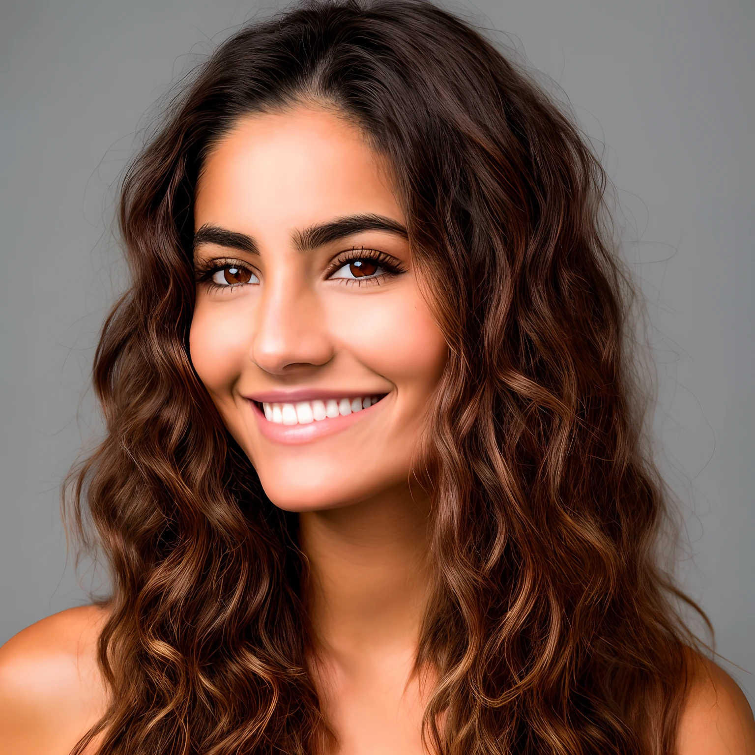 A realistic portrait of a 20-year-old Latina woman from Latin America, with long, brunette, fluffy hair styled in a wolf cut. She is fit and slender, with beautiful natural features. Her face is highly detailed, showing skin pores and natural imperfections like small blemishes and freckles. She has brown eyes, a seductive smirk, and a natural smile. Her visible upper body reveals big, natural breasts in a low-cut t-shirt. The image should be photorealistic, with lifelike expressions, intricate details, and texture quality that captures natural facial features and a realistic skin texture with some imperfections.
