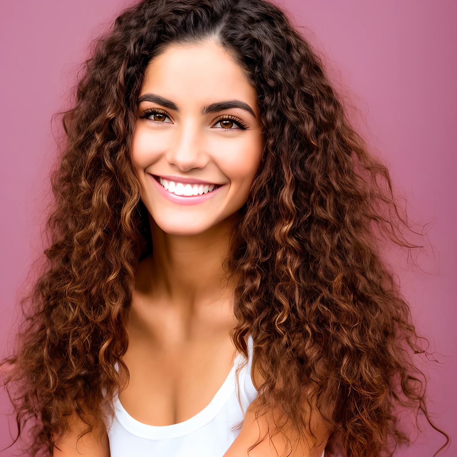 Retrato una mujer, 25-years old, morena pelo largo ondulado, cara detallada, ojos claros grandes con brillo, sonrisa, piel clara, diosa de zodiaco