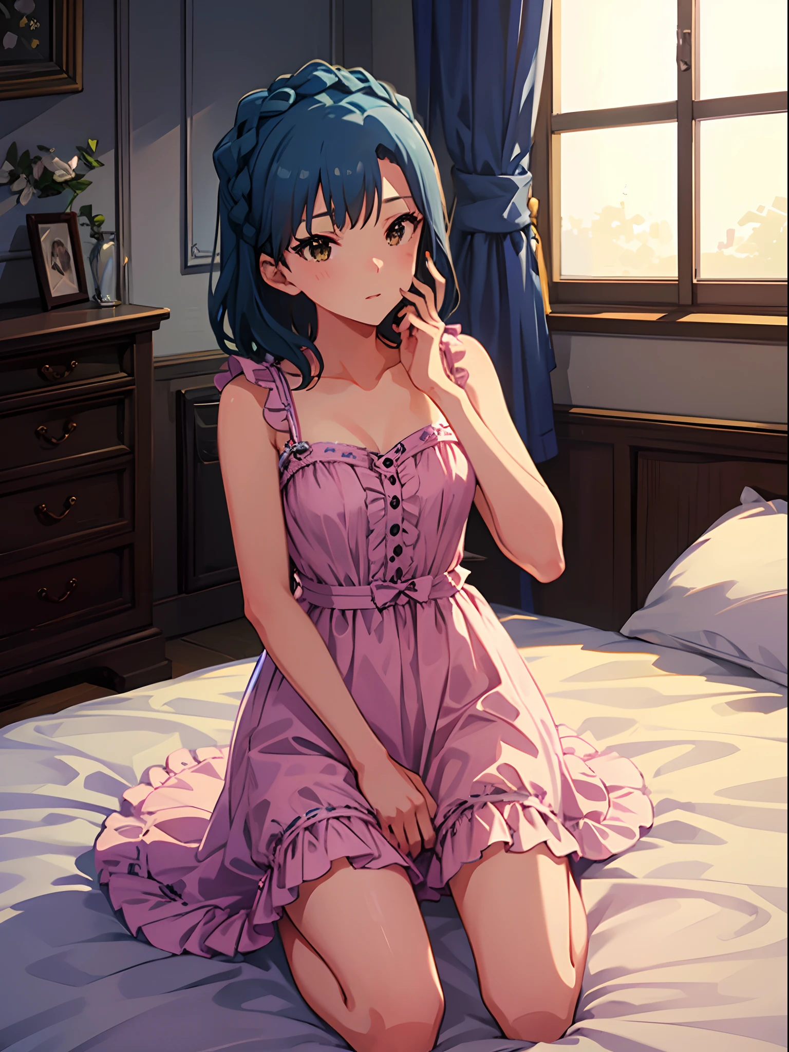 yuriko nanao (million live), 1 girl, Solo, Best Quality, masutepiece, 8K, High resolution, Ultra-detailed, sitting on the bed, kneeling, bed sheet, hand on face, wearing black chemise dress,