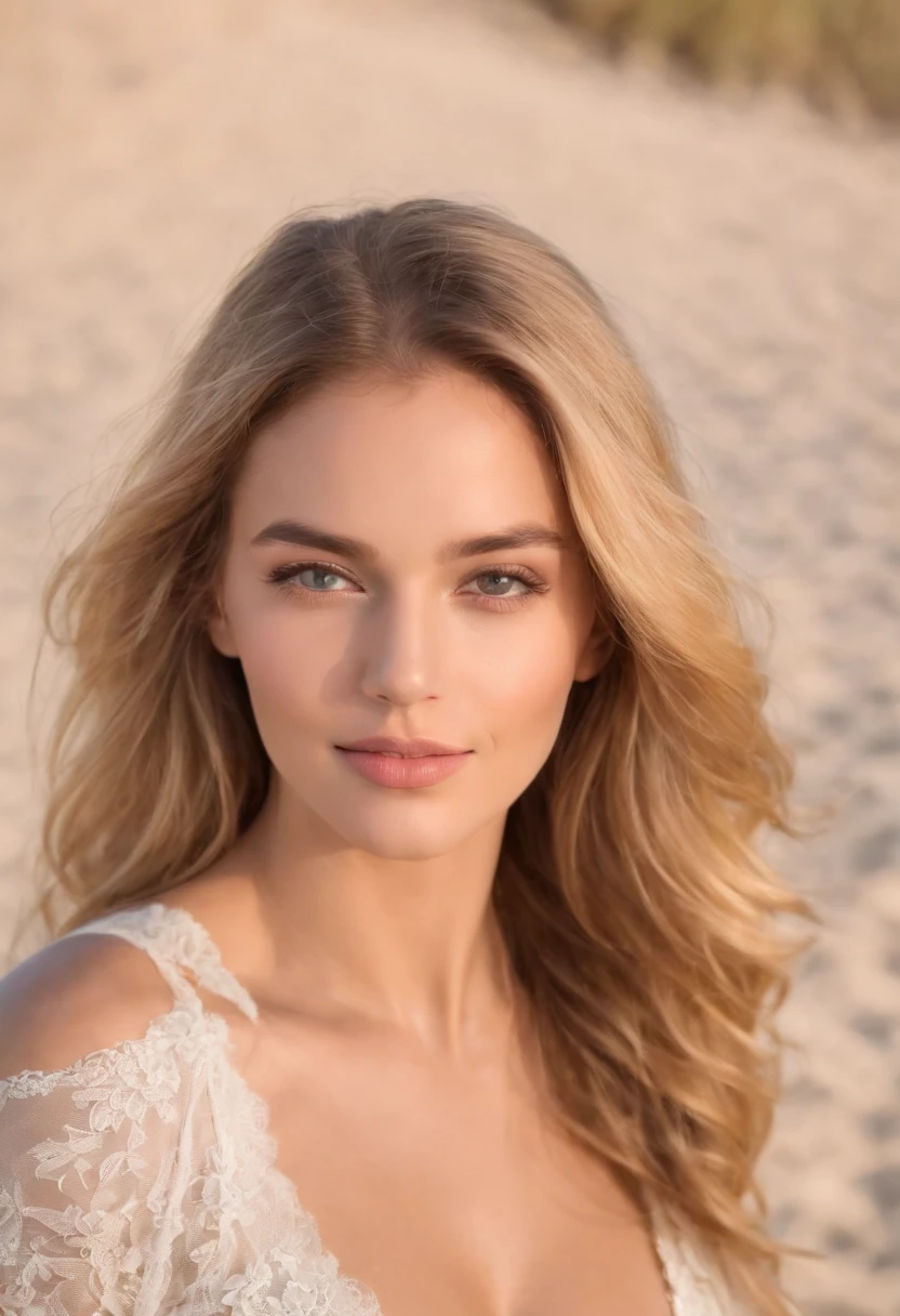 na modelo joven, rubia, de cabello corto y ondulado volando al viento, esta de rodillas sobre la arena de la playa, mirando la camara, rostro perfecto, sonriendo, ojos verdes, actitud positiva, una mano en su cabello, de espaldas al mar, pechos medianos, muslos separados, la foto esta tomada desde la altura de los ojos de la modelo, ella viste lenceria de alta costura, elegante, sensual, una mochila a su lado y toallas playeras de colores vividos a su alrededor