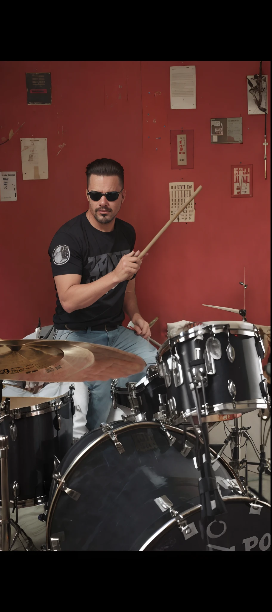 Drummer in black shirt and sunglasses playing drums in a room, tocando bateria, baterista, bateria, andres rios, album photo, bateria, Tiago Zapata, bateria, Congas, bateria, Directed by: Milton Menasco, danilo torres, joe alves, jamming to music, by Amelia Peláez, Directed by: Byron Galvez, Congas reais