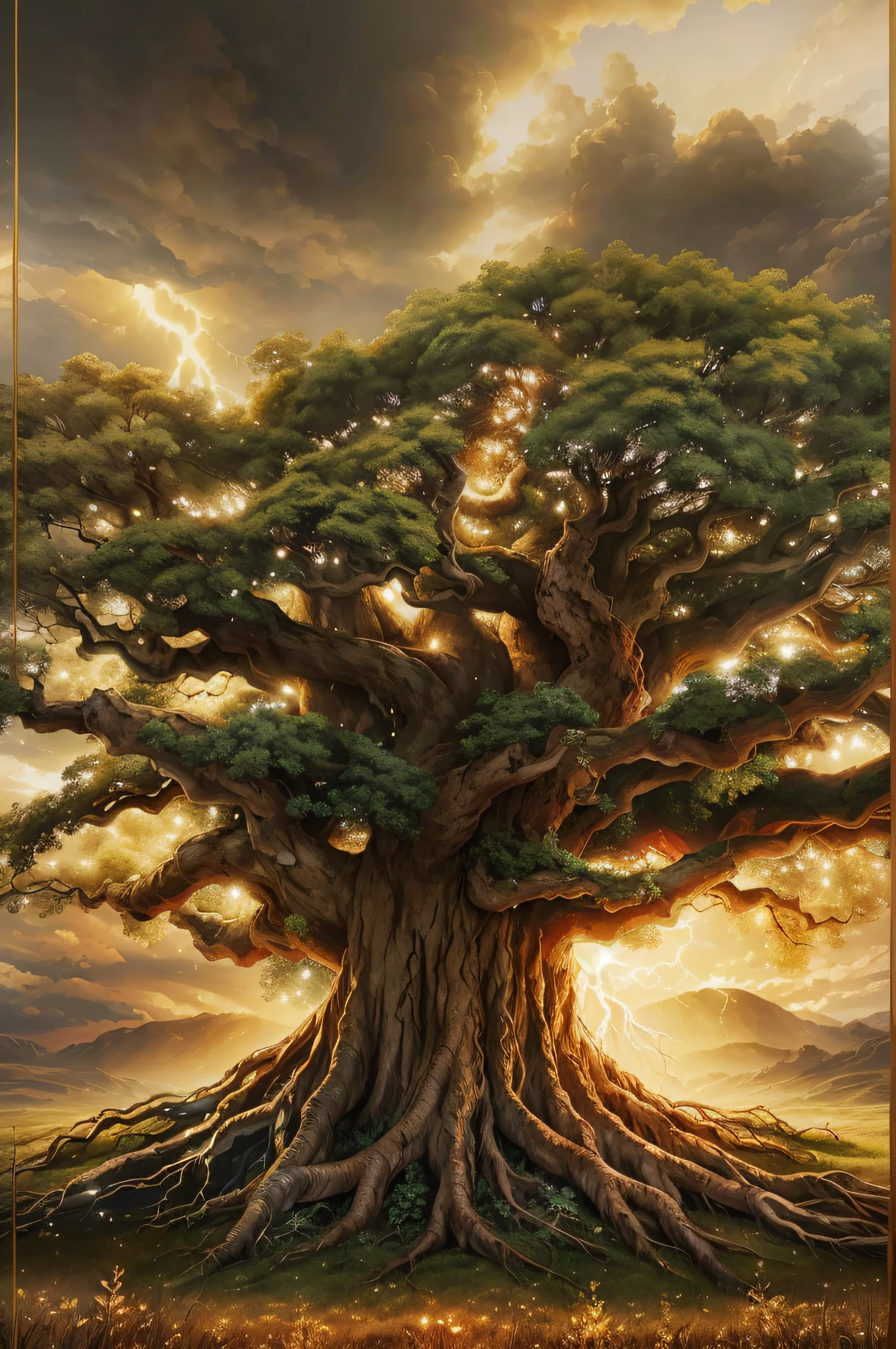 (tmasterpiece、melhor qualidade)A huge old tree in the middle of a vast field(((The roots of the tree are covered with golden lightning)))、cercado por nuvem、Luz dourada e vermelha no ar,(illustratio:1.0)、Epic composition、Detalhe realista、high-definition detail、high-definition resolution,(Papel de parede CG 8k unificado muito detalhado)