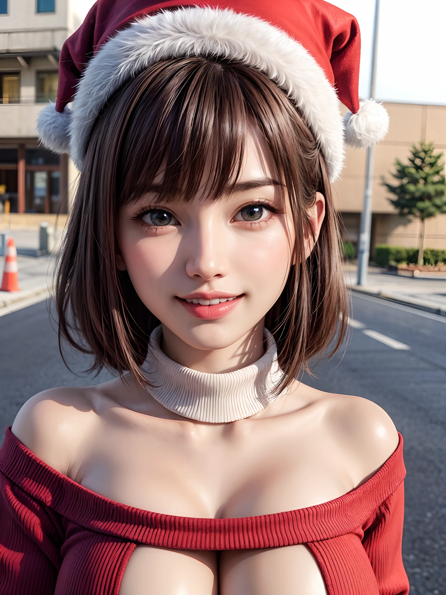 (masutepiece, top-quality、Very attractive adult beauty、Add intense highlights to the eyes、Look firmly at the camera、Beautiful woman full of adult charm),1girl in, 独奏, Light brown shiny hair, muffler,Santa Claus hat,realisitic, looking at the viewers, Bright colored crystal light blue eyes, short shiny hair, Santa Claus Color Star Neck Knit、 Santa Claus costume with turtleneck with a hole in the center of the chest,Sexy white turtleneck red knit sweater with round hole in the center of chest、 s lips, lipgloss,bangss, The upper part of the body、big eye、Lashes、The face is a little red、Embarrassing)、((Road system in Italy in winter))、((Shorthair with bangs、big eye、Put very strong highlights in your students、{Gigantic|Big|Huge|Mega} breasts、very Bigger breasts、gazing at viewer、Very beautiful beauty、Put your ears out、long neck、little smiling、Beautiful teeth、Open your mouth and smile))、28 year old、Very cute supermodel、