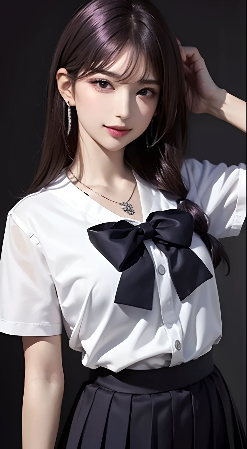 masutepiece,1girl in,Solo, lightsmile, Metal necklace, White shirt, modern school uniform, Accessories, Purple and black two-tone hair color, Unique hairstyle, Stylish, Black background、Mine Makeup