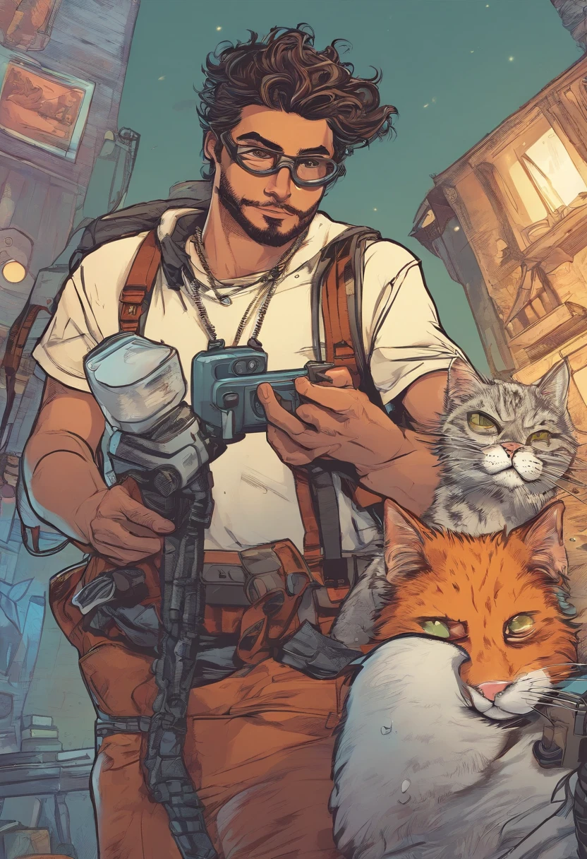 Homem tirando uma selfie com gato preto, cabelos curtos, wearing goggles