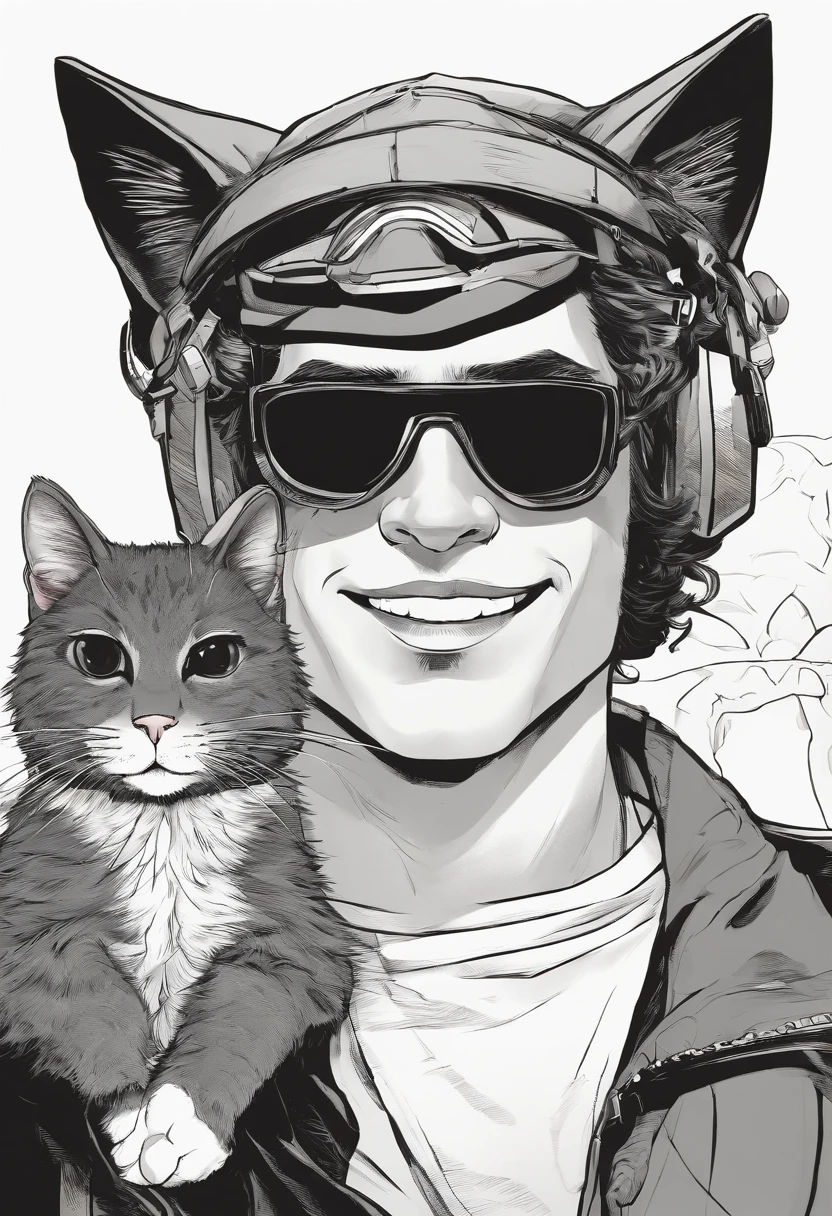 Homem tirando uma selfie com gato preto, cabelos curtos, wearing goggles