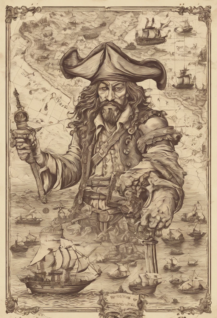 Em uma ilha um Velho pirata com barba  bem escura  e cicatriz no rosto, Pirate hat, roupa de pirata, Ripped white shirt with arms spread in right hand, Pirate sword and left hand, outra espada e papagaio