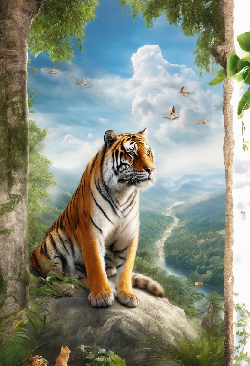 realistic heavenly landscape. tigers and animals with people in harmony and peace in a sunny day at the nature.