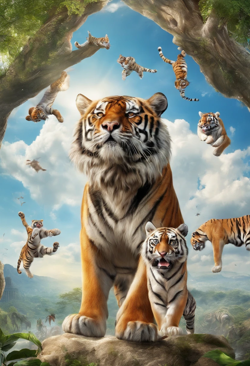 realistic heavenly landscape. tigers and animals with people in harmony and peace in a sunny day at the nature.