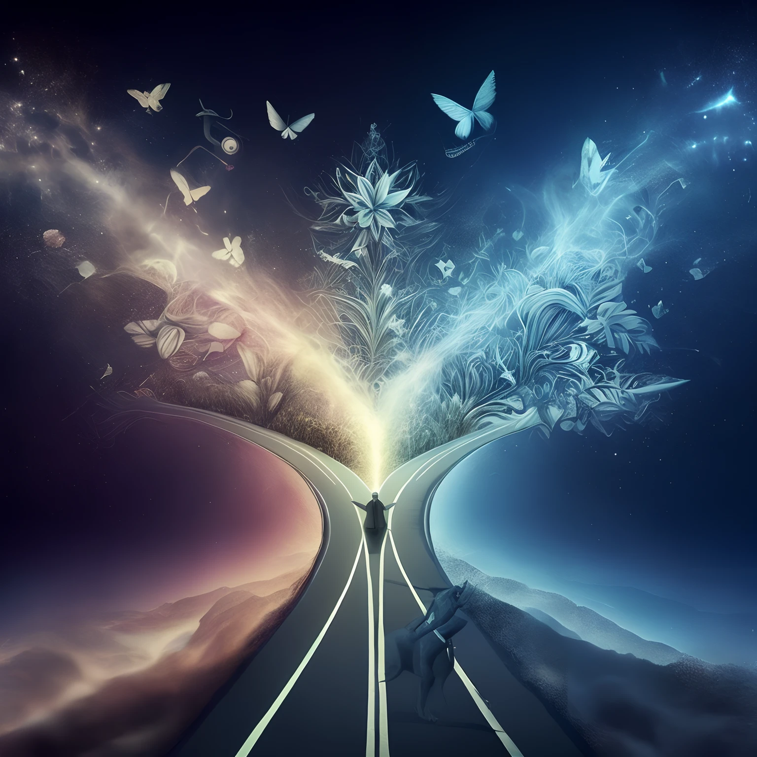 Imagem de uma pessoa caminhando em uma estrada com borboletas voando ao redor, obra sobre um caminho para a liberdade, Portal dos Sonhos, design surreal, arte digital fantasia, imagination cosmic dream, Arte digital surrealista, Artistic illustration, arte sonhadora, magical composition, paper awesome wallpaper, arte surreal, Viagem Astral, dreamlike surrealism, dreamlike art, arte digital elaborada