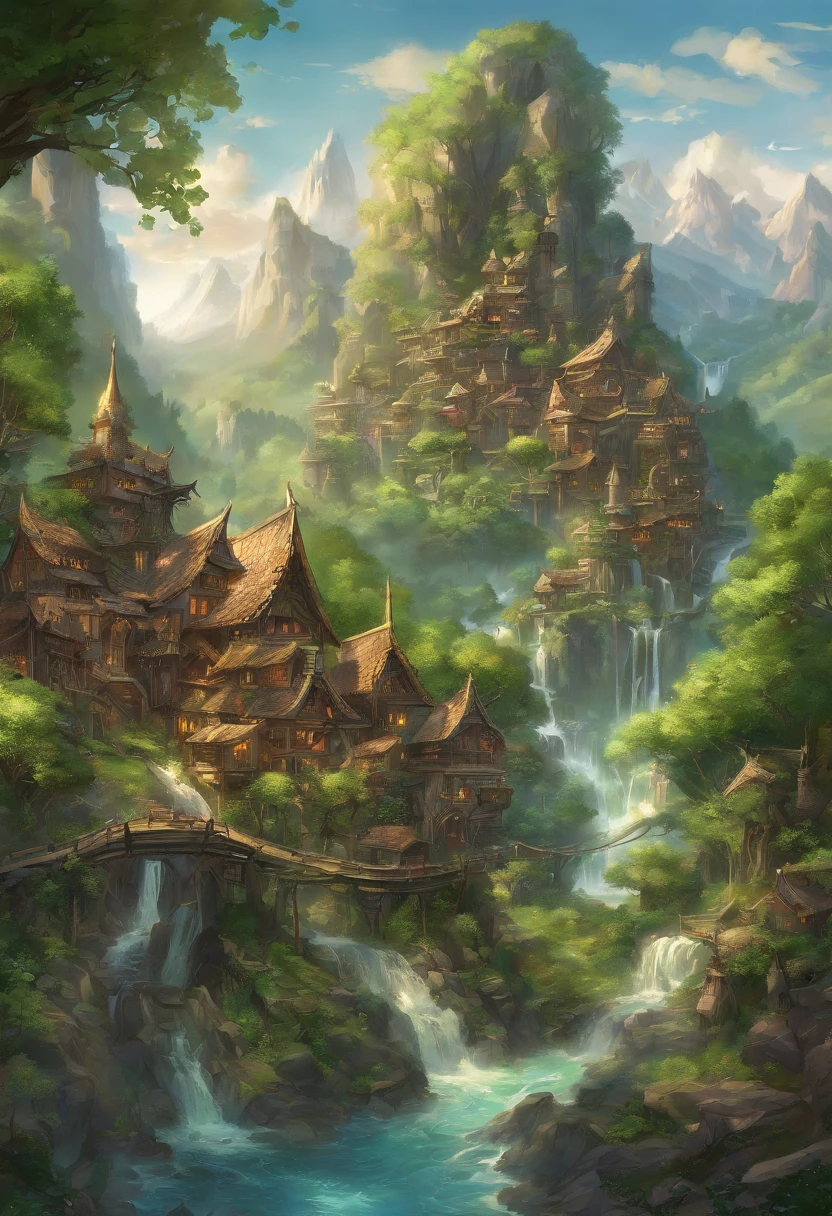 Nestled gracefully within the craggy embrace of towering, verdant mountains, this ethereal village stands as a testament to elven harmony with nature. Set against the steep, emerald-clad terrain, its homes and pathways are a harmonious blend of elven craftsmanship and the surrounding wilderness. Elaborate, spiral staircases of carved stone connect the dwellings, while slender bridges of finely hewn wood span glistening streams and cascading waterfalls, linking the tiers of this sylvan settlement.

The villagers live in harmony with the land, their homes adorned with intricate, nature-inspired carvings and nestled beneath canopies of ancient, moss-draped trees. Each terrace reveals breathtaking vistas of soaring peaks and serene valleys, where the light of the sun dances through the leaves in intricate patterns. Towering trees of alabaster birch, their slender branches reaching skyward, stand as guardians of the village.

Beyond the mountains' embrace, a dense forest of ancient oak and silver-leafed aspen extends its verdant fingers toward the village. Here, the elven inhabitants find solace and sustenance, gathering herbs, forage, and the finest timbers for their graceful craftsmanship. The air is a tapestry of woodland scents, infused with the fragrant embrace of blooming wildflowers and the songs of countless birds.

In this elven haven, where nature and artistry coexist in perfect harmony, the villagers exemplify the spirit of the woods they call home, resilient and resourceful, deeply connected to both the formidable mountains and the enchanting forest that cradles their timeless community.