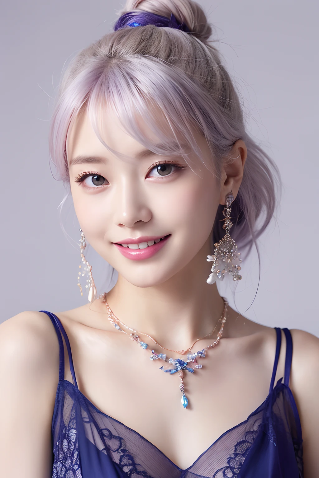 (extra detailed body、extra detailed face、best qualtiy:1.2)、femele、looking at the viewers、(Lavender and white gradient hair color、Red and dark blue dress、a smile、Fancy makeup、Fancy Necklace Accessories、Hair ornament with fresh flowers。