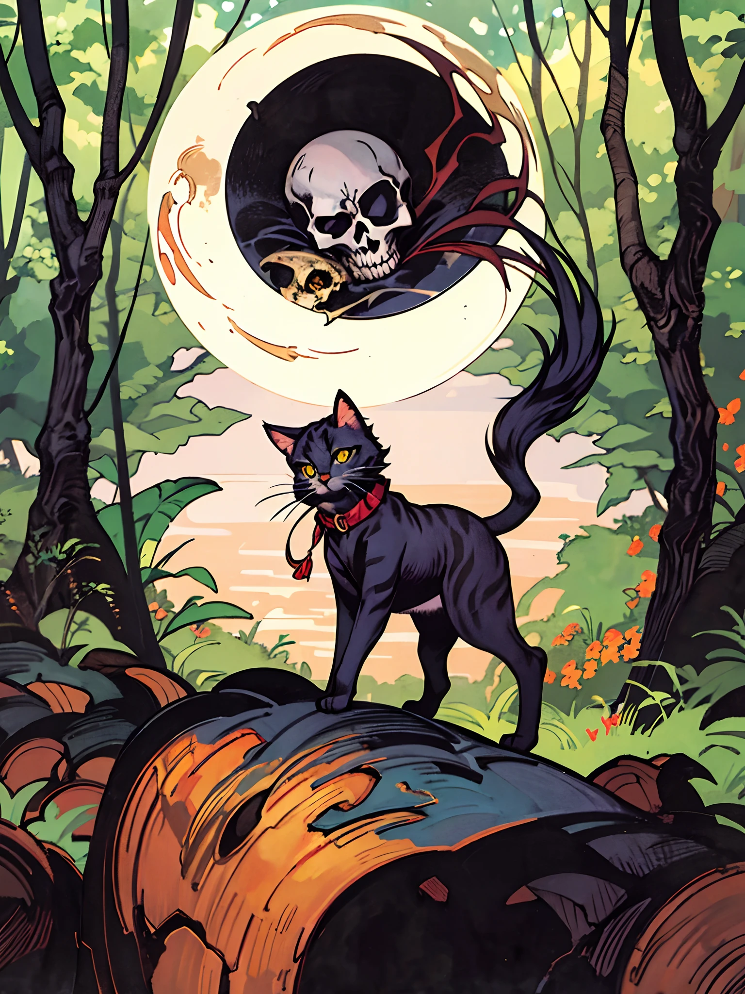 Cat dressed as a witch with skull in hand in a forest with waning moon