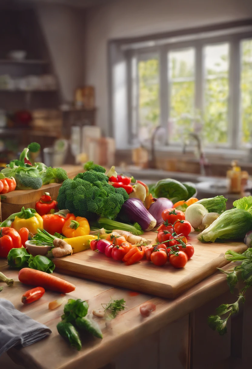 1. Create a photorealistic image of a healthy cooking scene featuring a variety of colorful vegetables. The vegetables should be freshly chopped and arranged on a wooden cutting board. The kitchen should be well-lit with natural sunlight streaming in through a window. Capture the scene in a close-up shot with a 50mm lens to emphasize the vibrant colors and the textures of the vegetables. The resolution should be high (4K) to showcase the details.