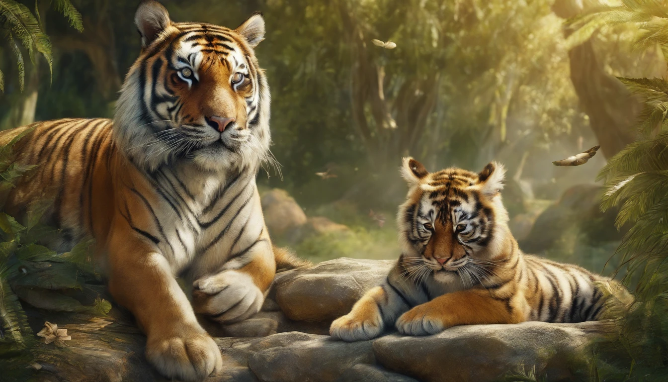 realistic heavenly landscape. tigers and animals with people in harmony and peace in a sunny day at the nature.