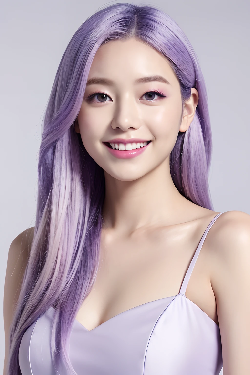(extra detailed body、extra detailed face、best qualtiy:1.2)、femele、looking at the viewers、(Lavender and white gradient hair color、Purple and dark blue dress、a smile、Fancy makeup、accessorized)